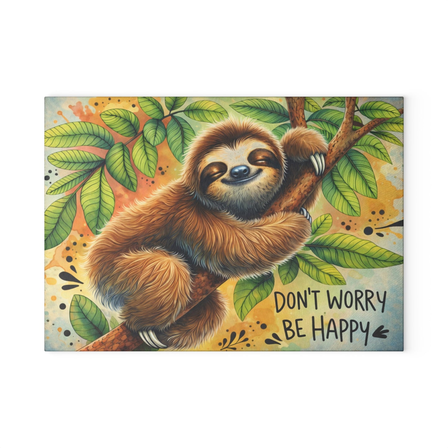 Don’t Worry Be Happy Glass Cutting Board – Whimsical Sloth Artwork