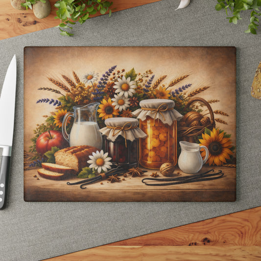 Harvest Pantry Still Life Glass Cutting Board – Rustic Farmhouse Kitchen Artwork