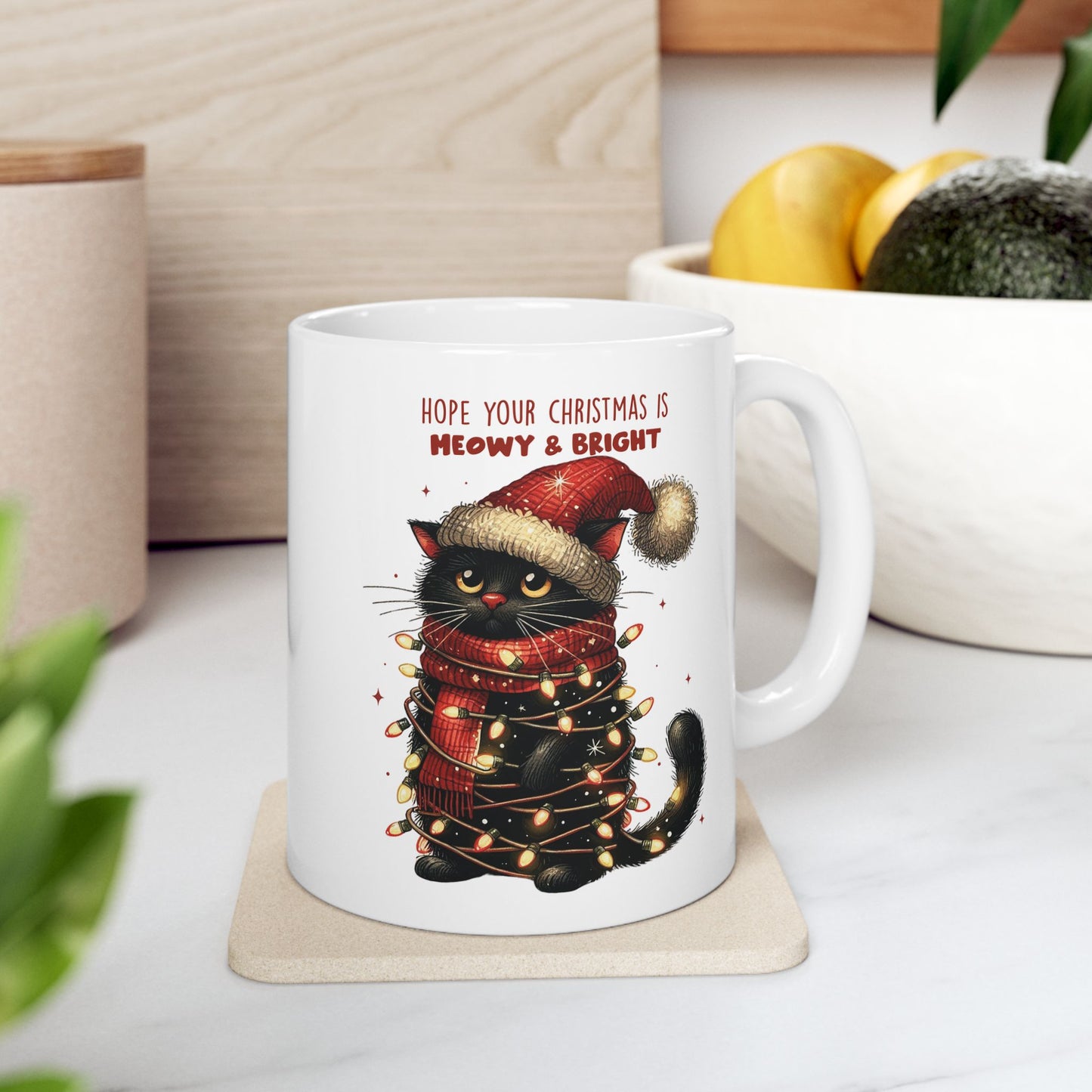 🐾🎄 Meowy & Bright Cat Christmas Mug – Festive Black Cat with Lights & Sass 🎅✨