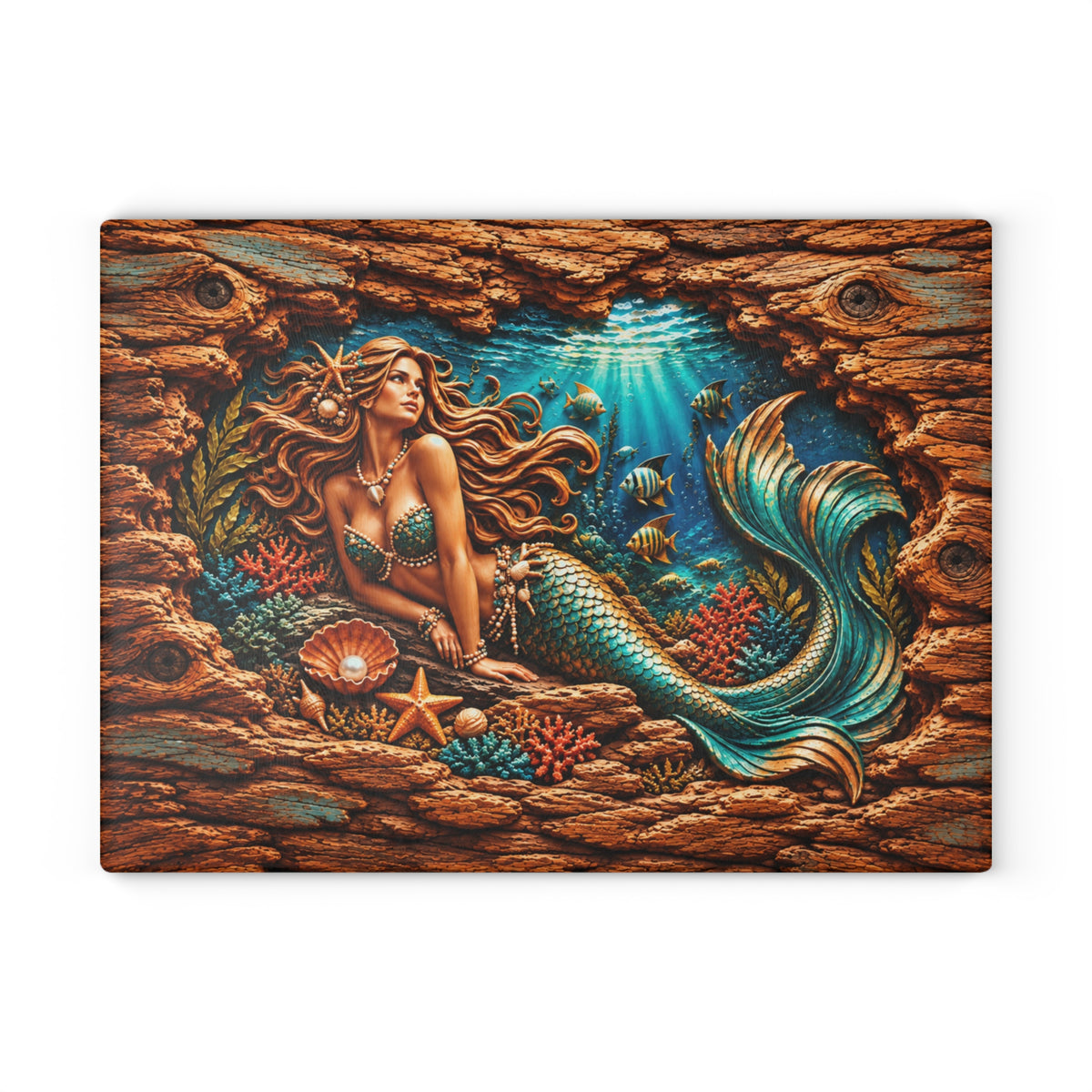Enchanted Mermaid Glass Cutting Board – Turquoise Tail, Ocean Coral & Rustic 3D Wood Look