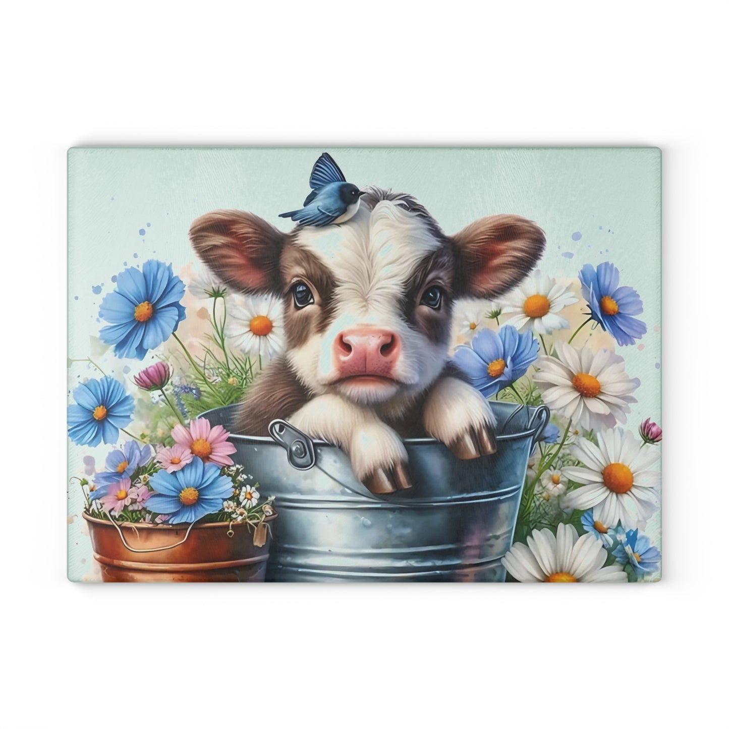 🐮 Baby Cow in Bucket with Blue Daisies Cutting Board – Farmhouse Charm for Your Kitchen 🌼