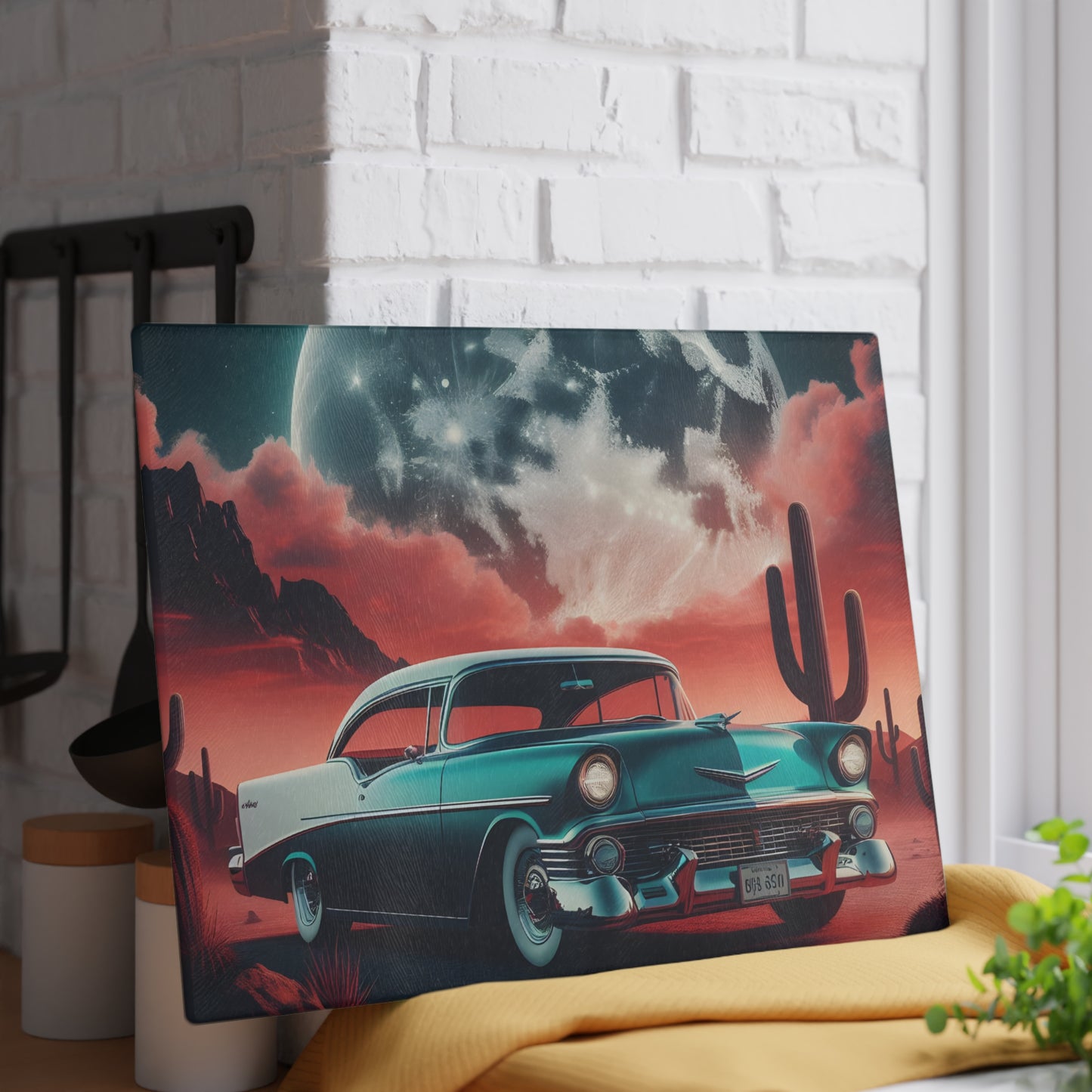 🌵 Retro Desert Night Car Cutting Board – Vintage Vibes for Your Kitchen 🚗