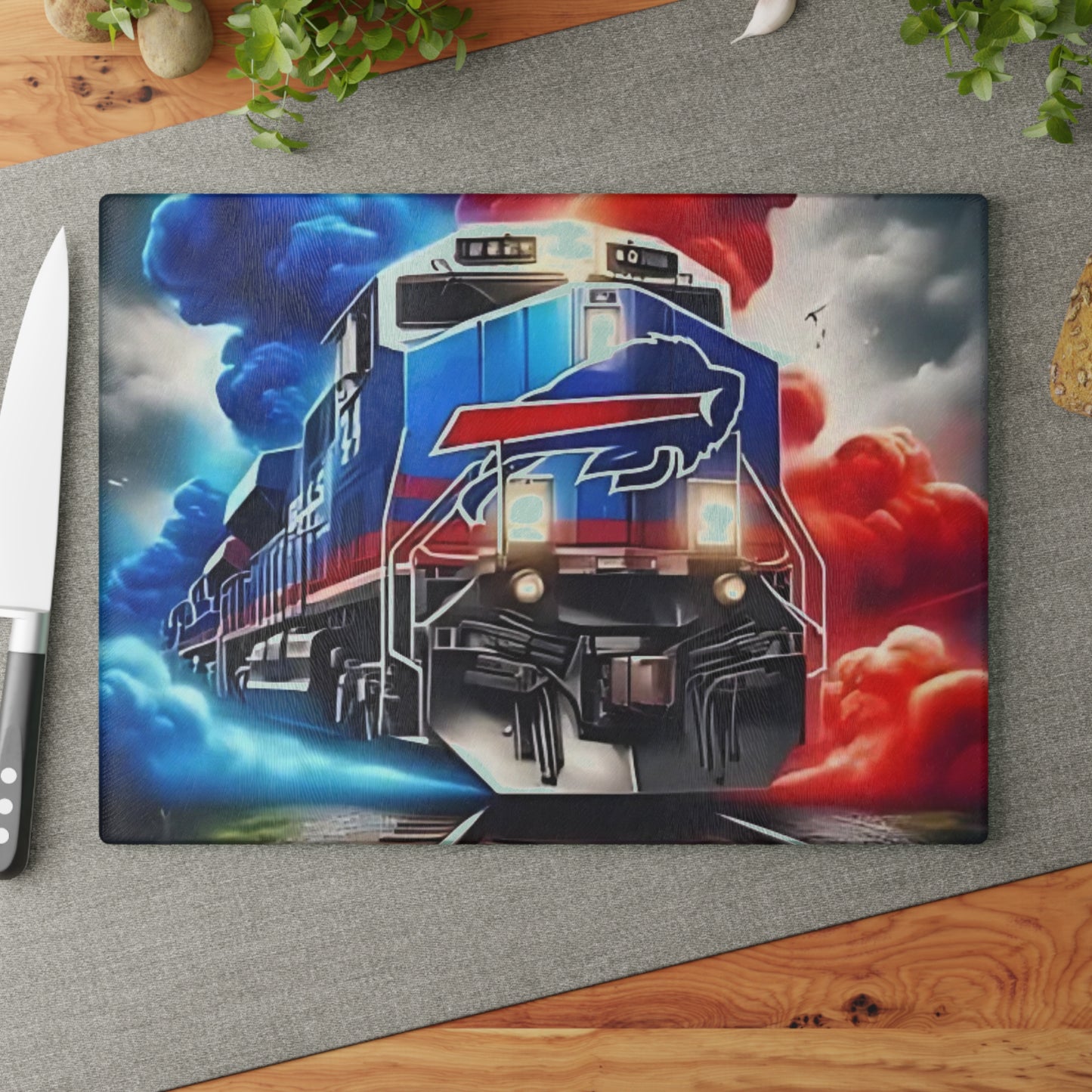 Red & Navy Express Glass Cutting Board – Rugged Train Art for Bold, Classic Kitchens