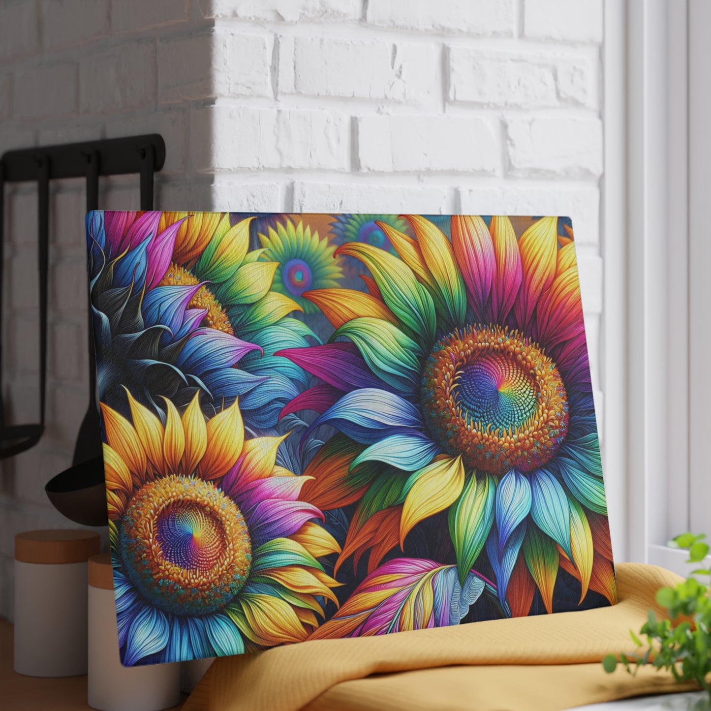 Rainbow Sunflower Glass Cutting Board – Colorful Farmhouse Kitchen Decor