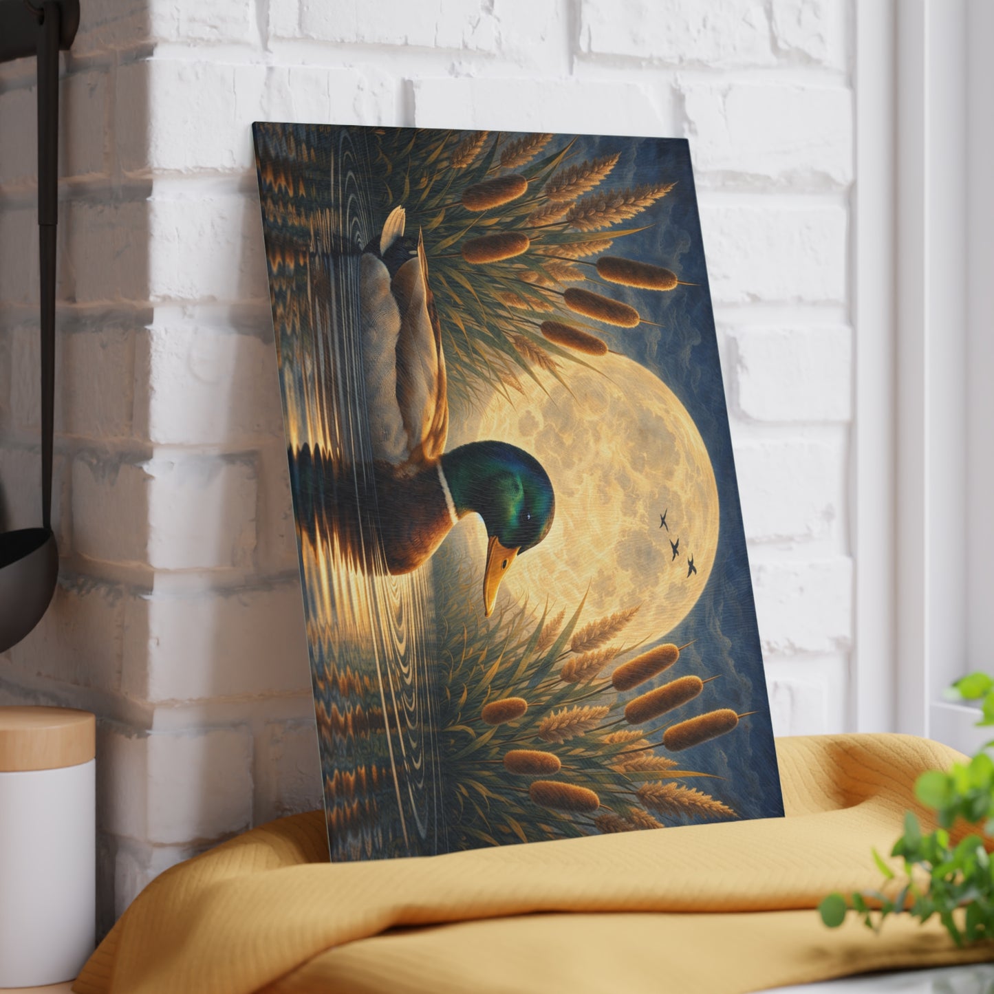 Moonlit Mallard Duck Glass Cutting Board – Peaceful Marsh Wildlife Artwork