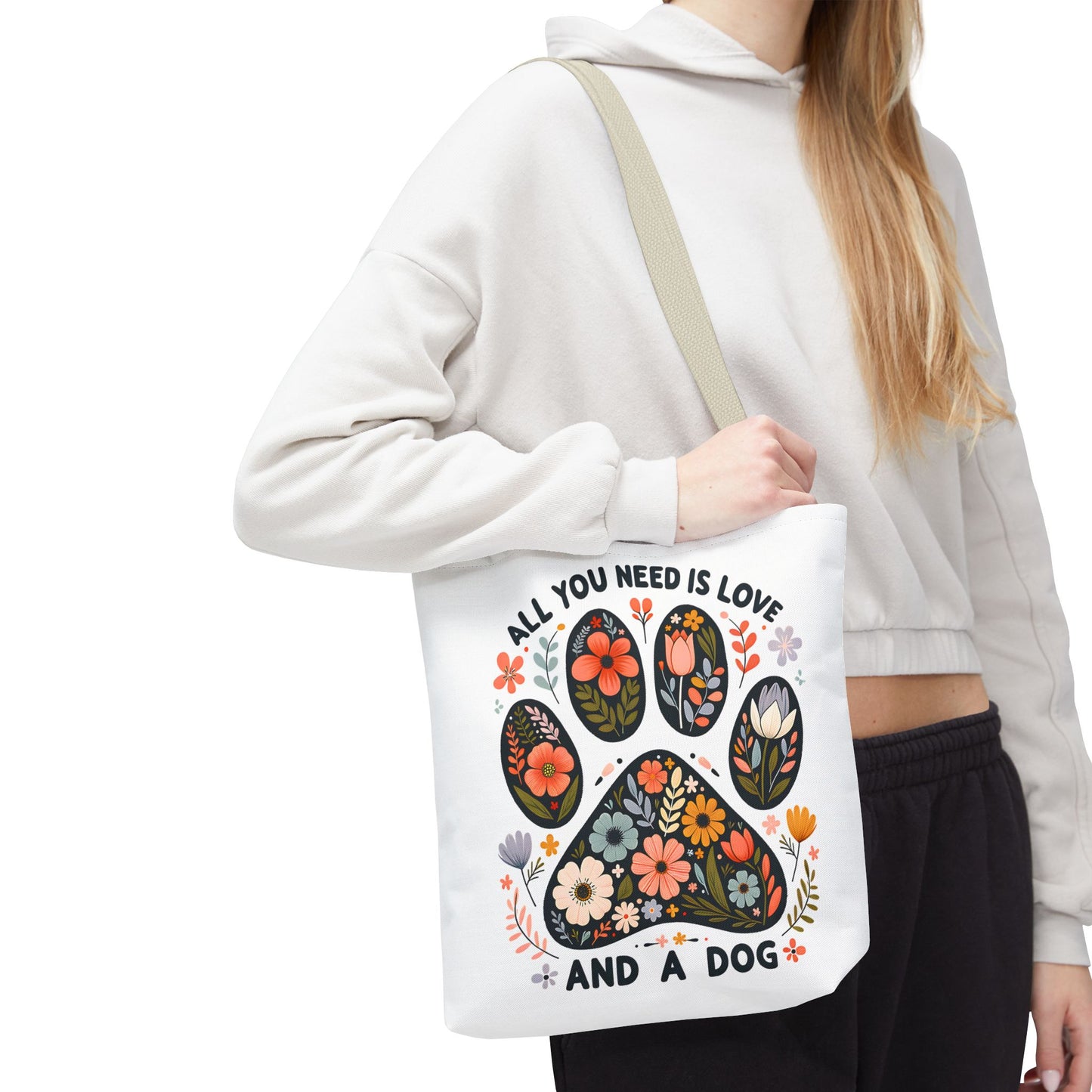 🐾 All You Need is Love and a Dog Tote Bag – Floral Paw Print Perfection 🌸