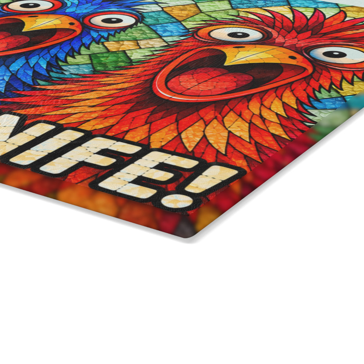 Funny Colorful Bird Glass Cutting Board – She Has a Knife Kitchen Humor