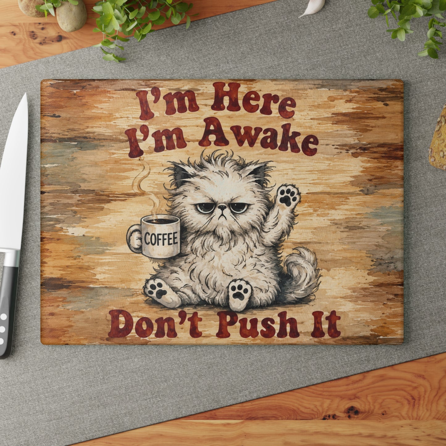 I’m Here, I’m Awake, Don’t Push It Funny Cat Glass Cutting Board – Coffee Lover Kitchen Decor