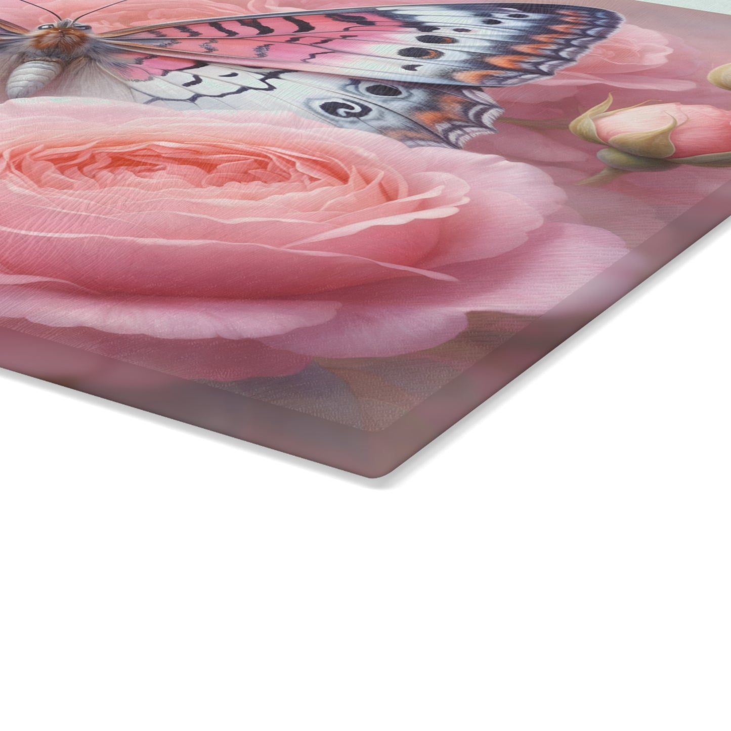 Pink Butterfly & Rose Garden Glass Cutting Board – Elegant Floral Nature Kitchen Décor