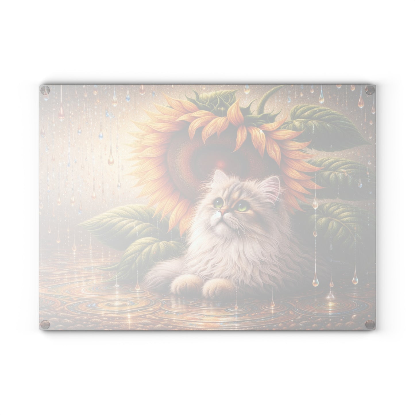 Sunflower Rain Cat Glass Cutting Board – Whimsical Floral Cat Kitchen Art & Display Board