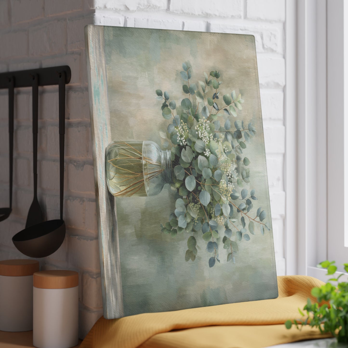 Eucalyptus Mason Jar Glass Cutting Board – Farmhouse Botanical Kitchen Decor