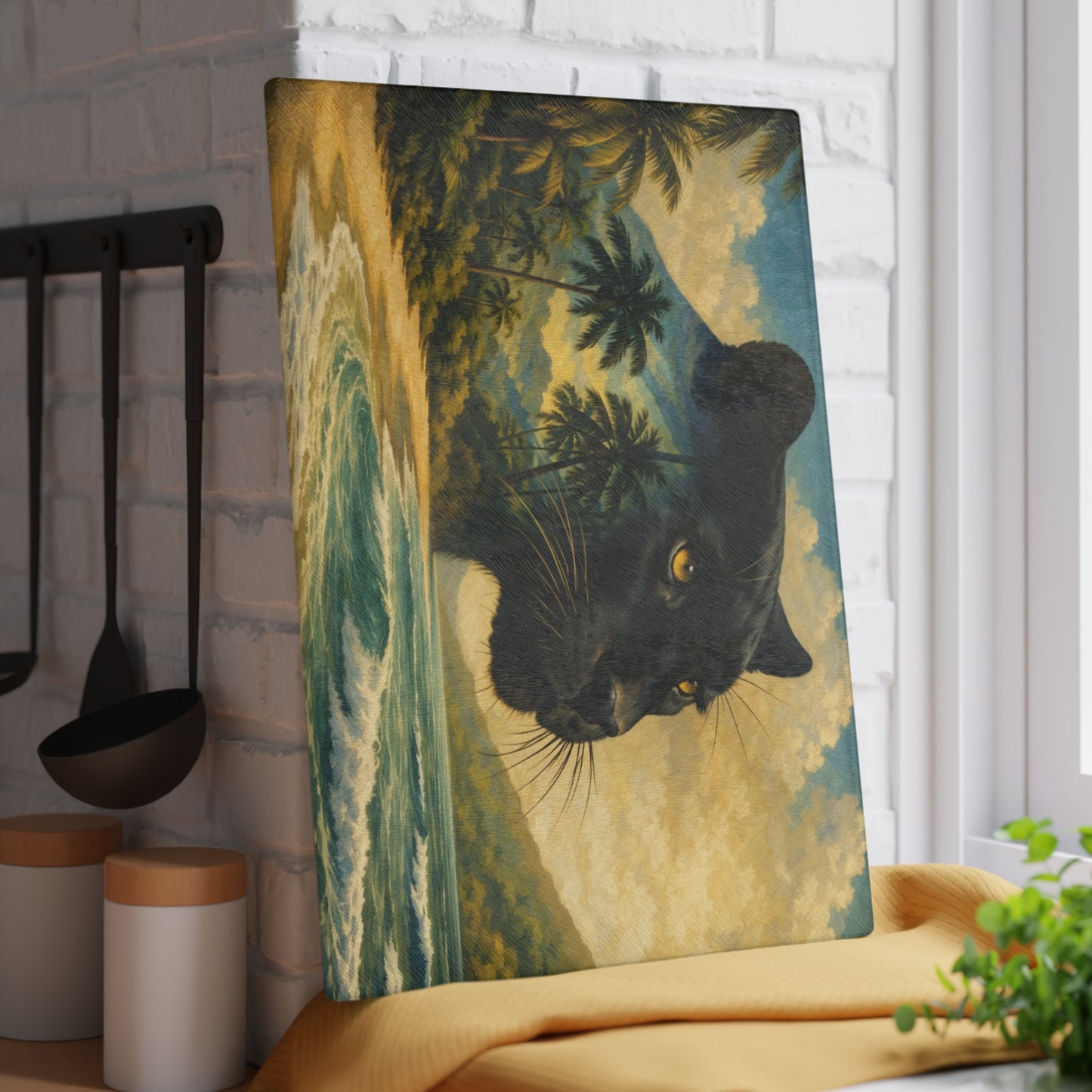 Black Panther Tropical Beach Glass Cutting Board – Exotic Wildlife Coastal Artwork