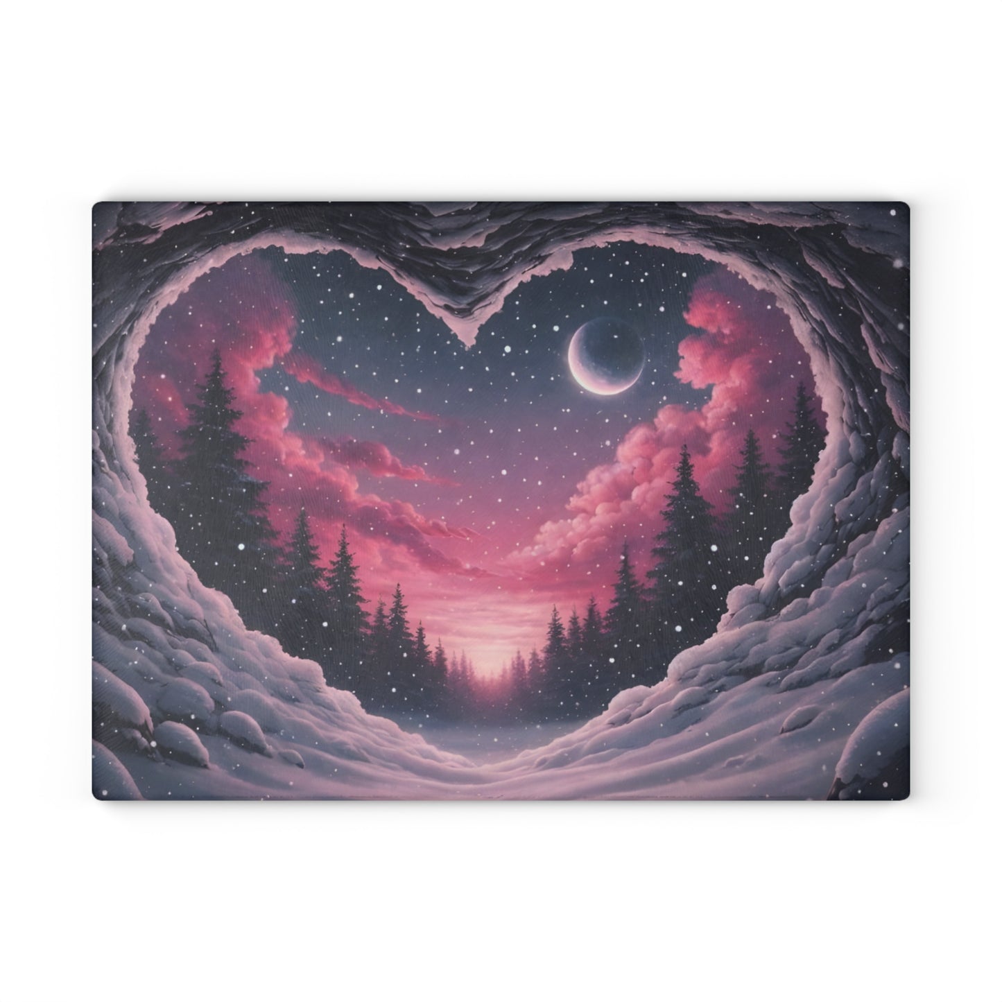 Winter Heartscape Glass Cutting Board – Dreamy Snowy Landscape Kitchen Display