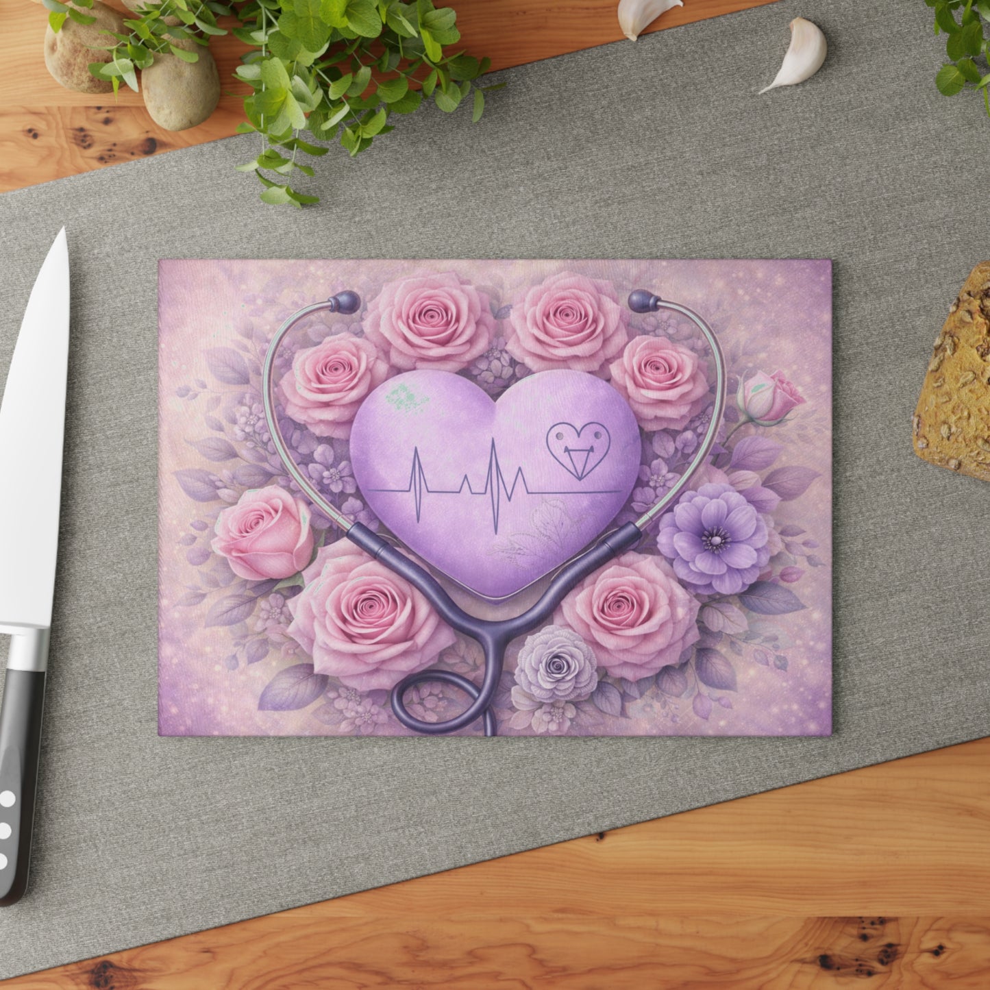 Nurse Heartbeat Floral Glass Cutting Board – Medical Appreciation Kitchen Art