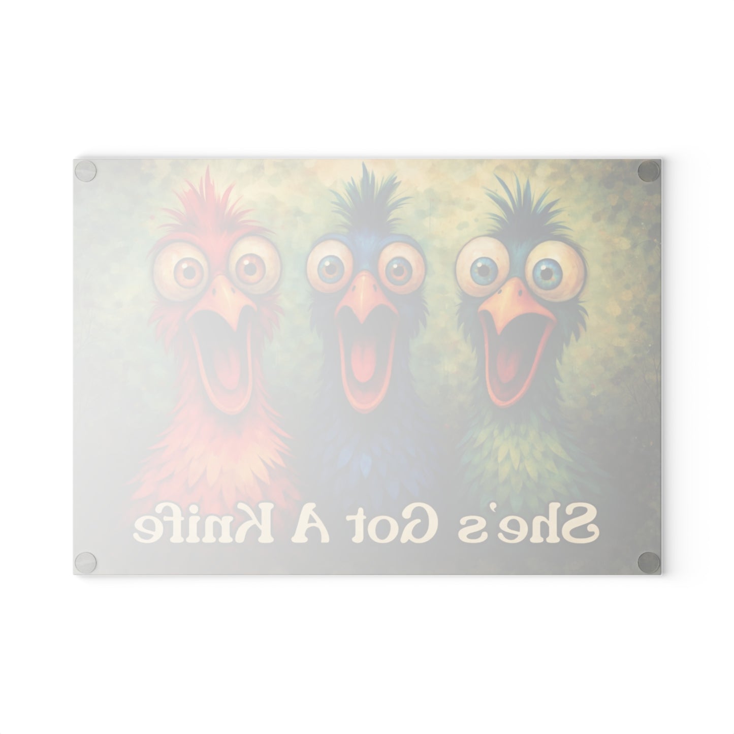 She’s Got a Knife Glass Cutting Board – Colorful Chicken Trio Art with Bold Kitchen Humor