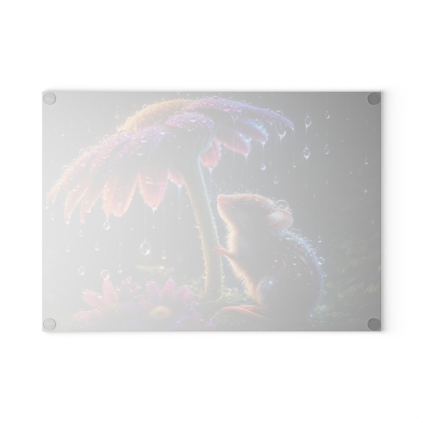 Rainy Garden Mouse Glass Cutting Board – Whimsical Nature Artwork