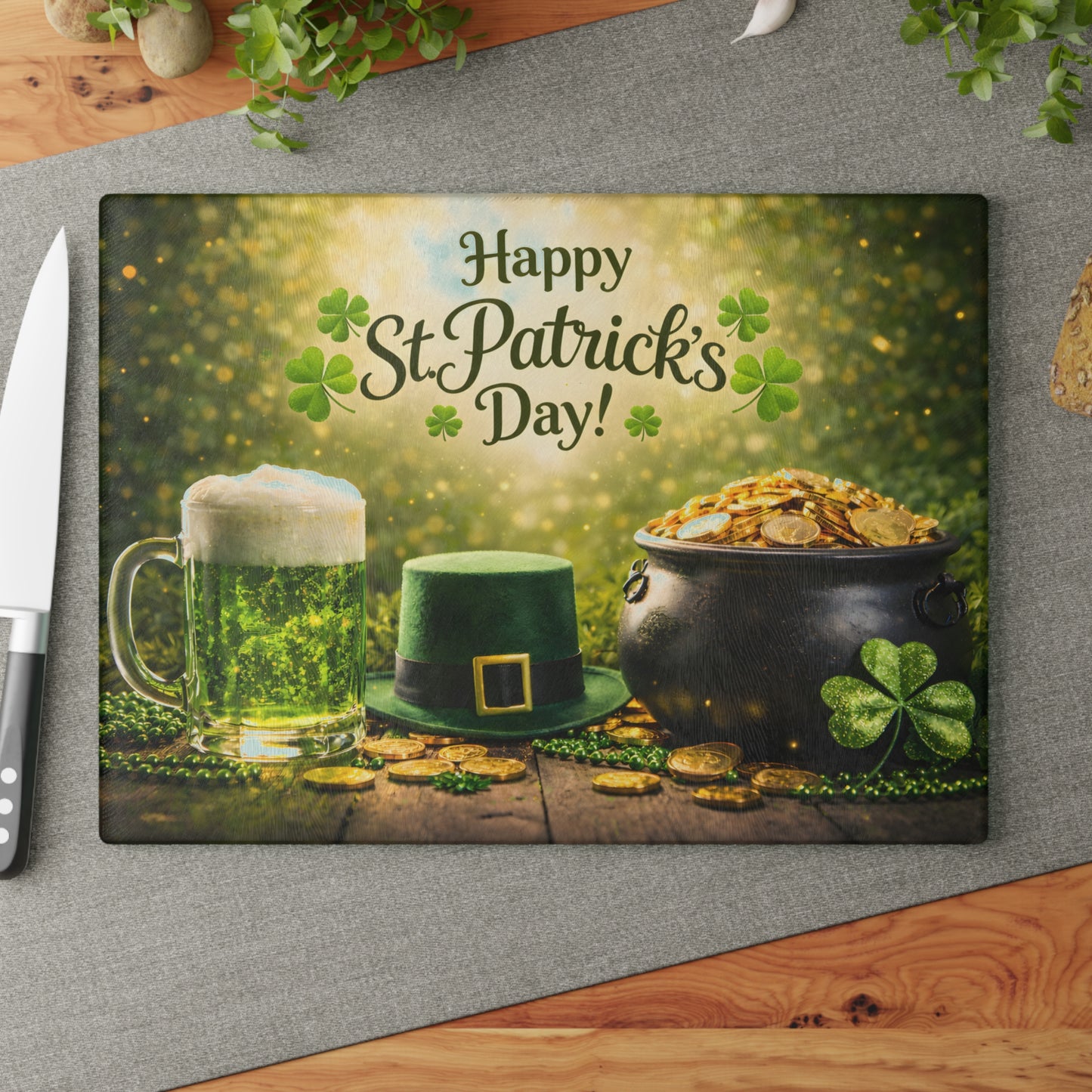 Happy St. Patrick’s Day Glass Cutting Board – Festive Irish Kitchen Decor