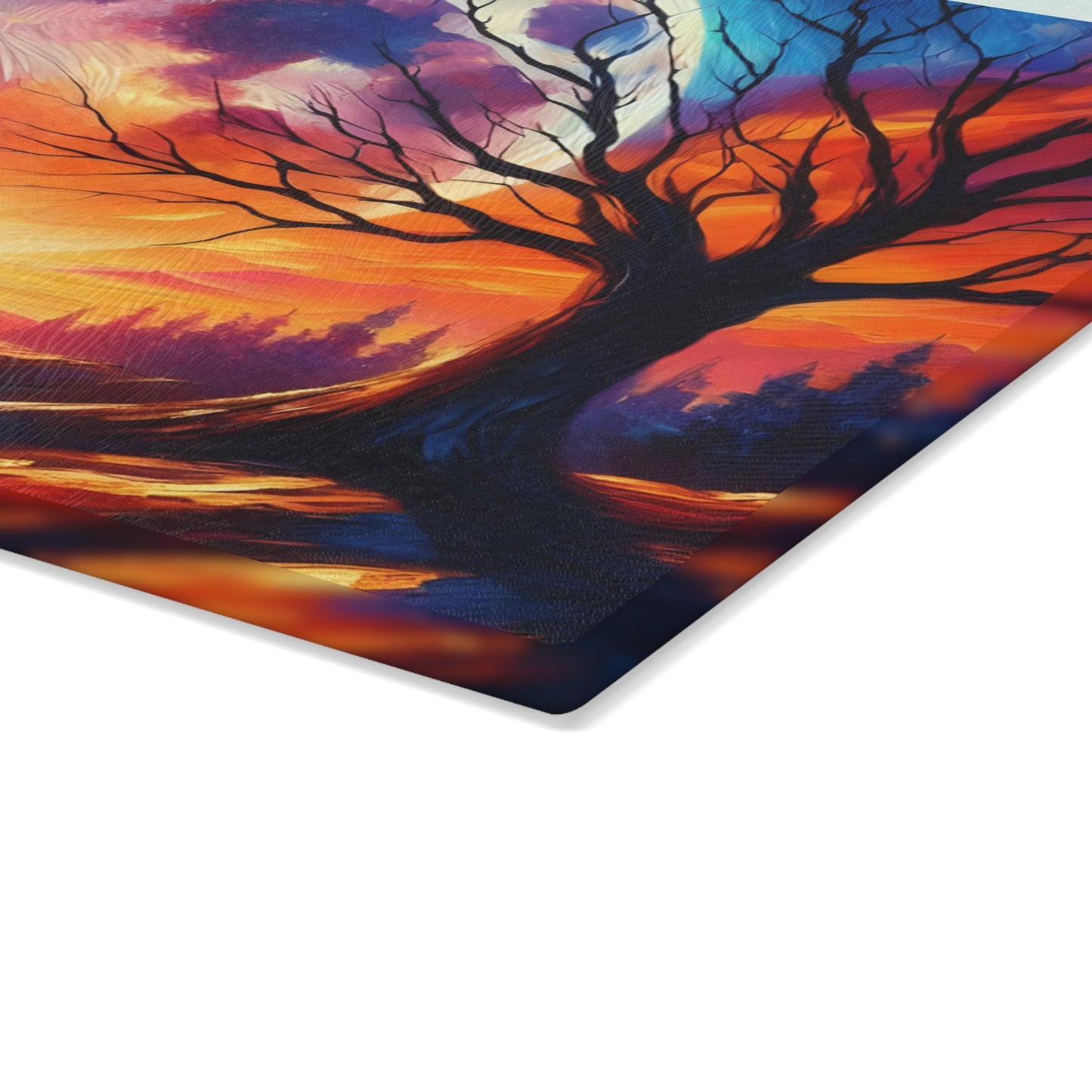 🌙🔥 Celestial Sunset Glow Cutting Board – Vibrant Sky & Tree Reflection Art 🔥🌙