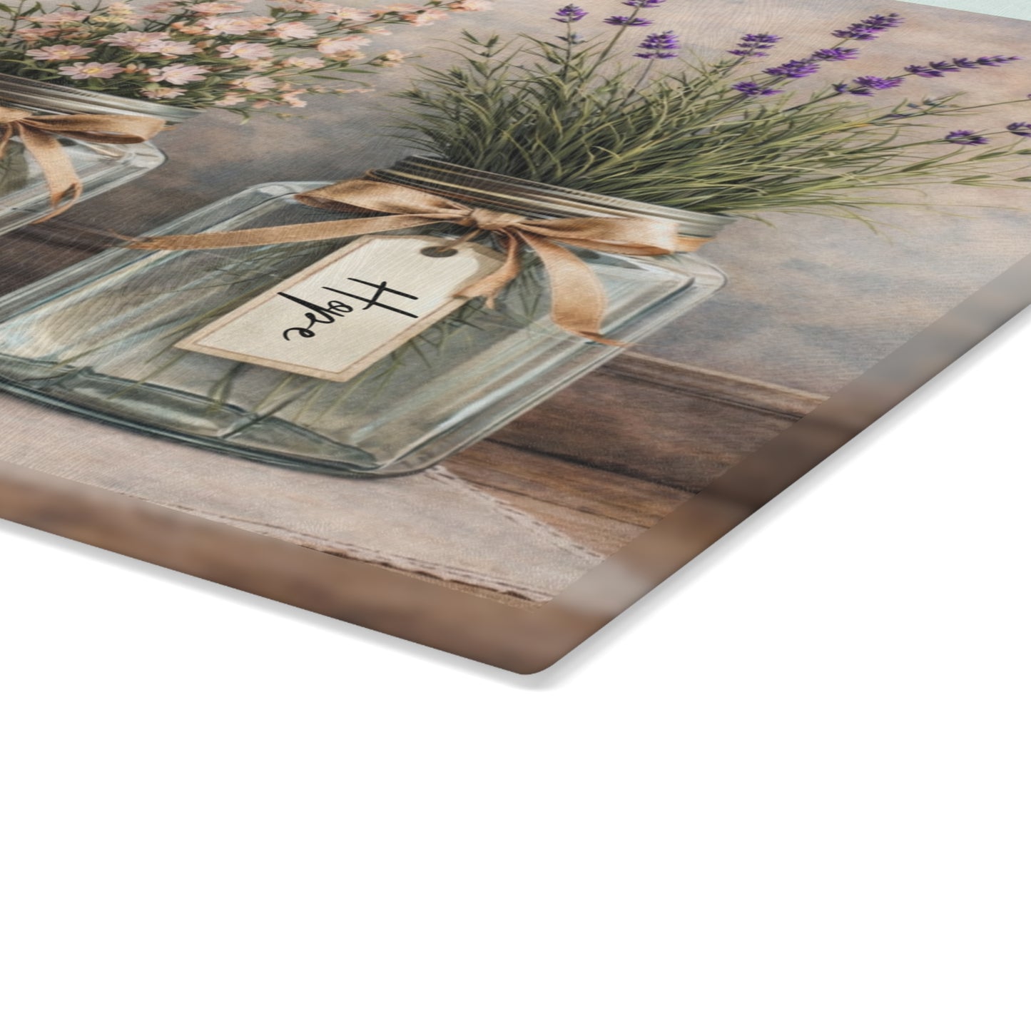 Faith Love Hope Glass Cutting Board – Rustic Mason Jar Florals with Lavender and Soft Pastels