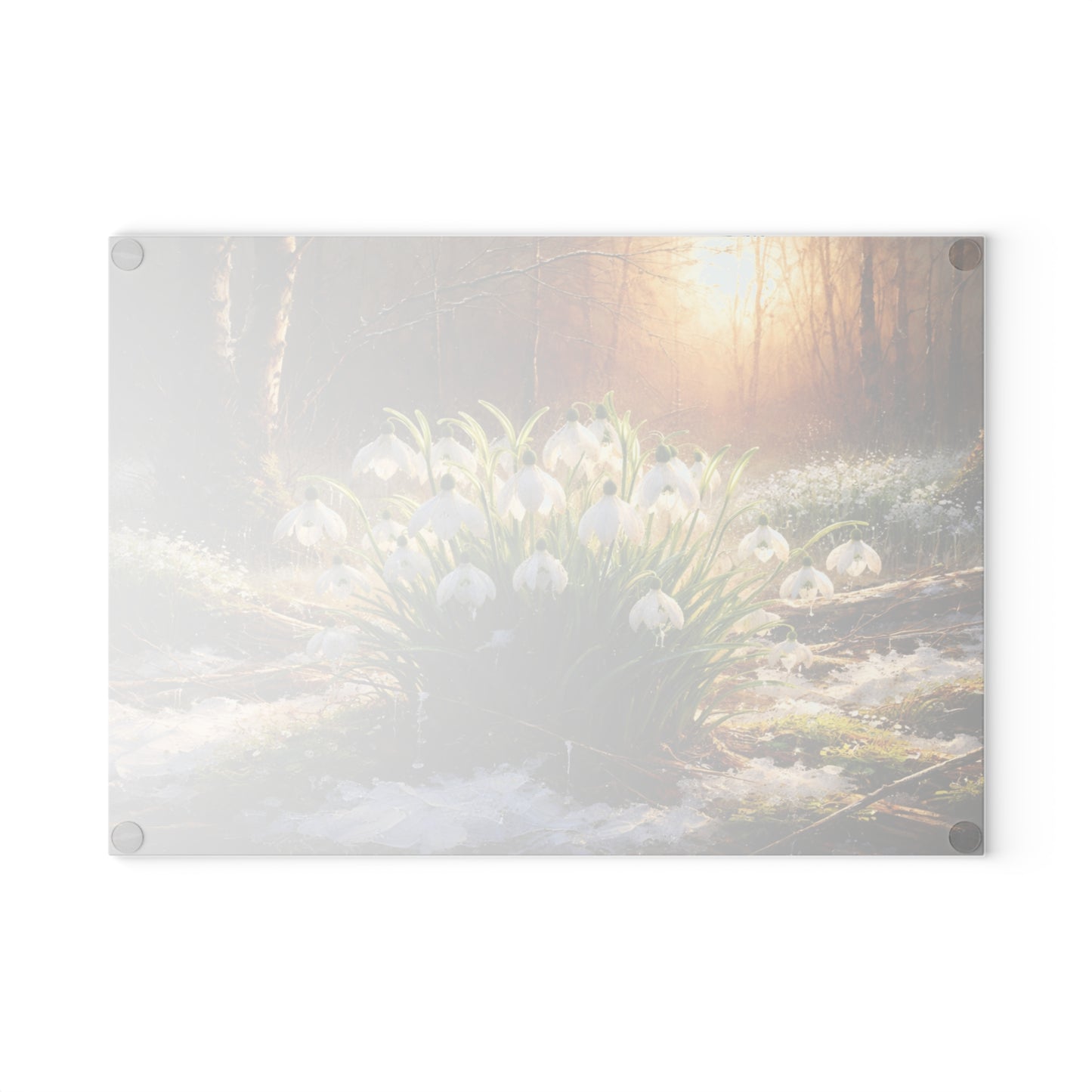 Snowdrops in Winter Forest Glass Cutting Board – Early Spring Botanical Nature Art