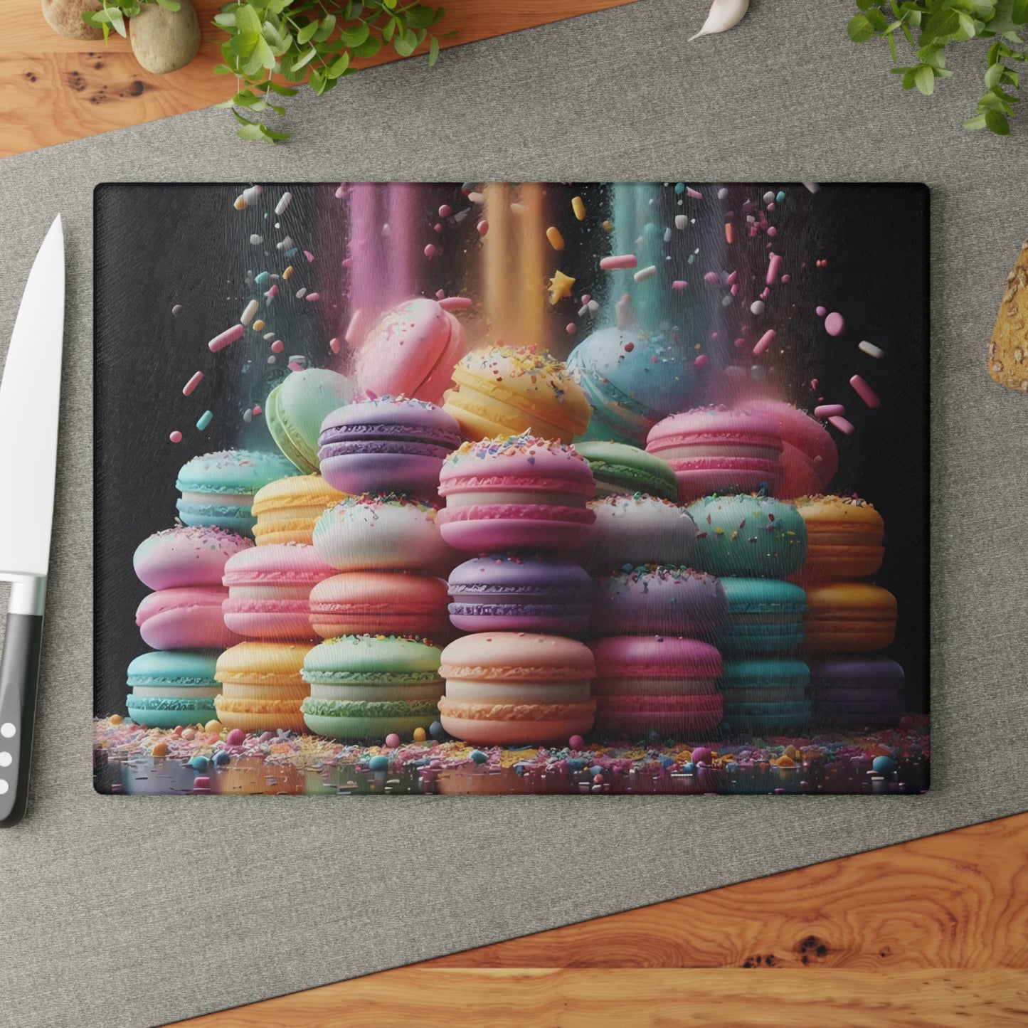 Tabla de cortar de vidrio con macarons pastel: una decoración de cocina dulce con un toque de fantasía