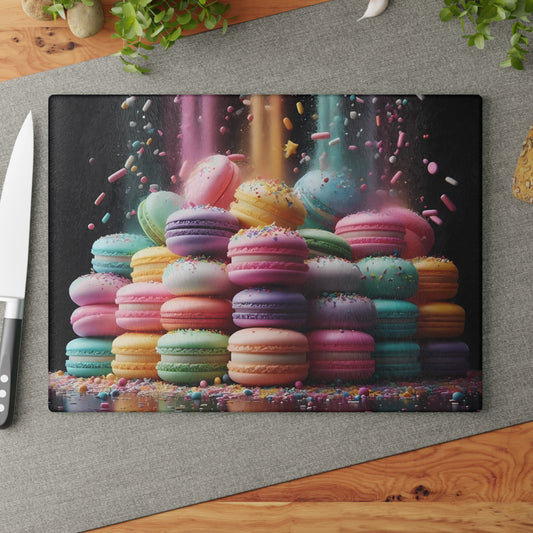 Tabla de cortar de vidrio con macarons pastel: una decoración de cocina dulce con un toque de fantasía