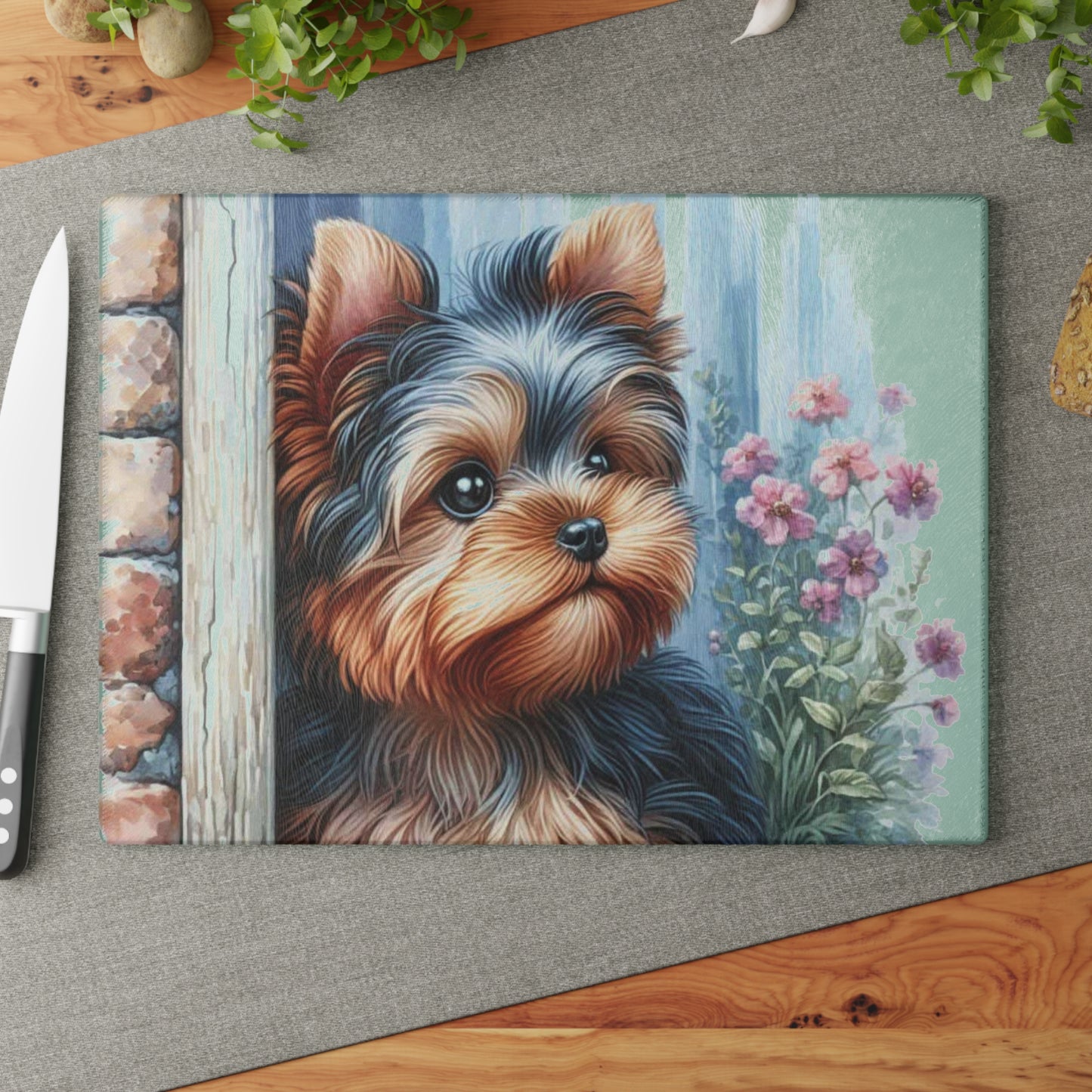 🐾🌸 “Cottage Yorkie Peek” Tempered Glass Board – Sweet Pup & Floral Charm