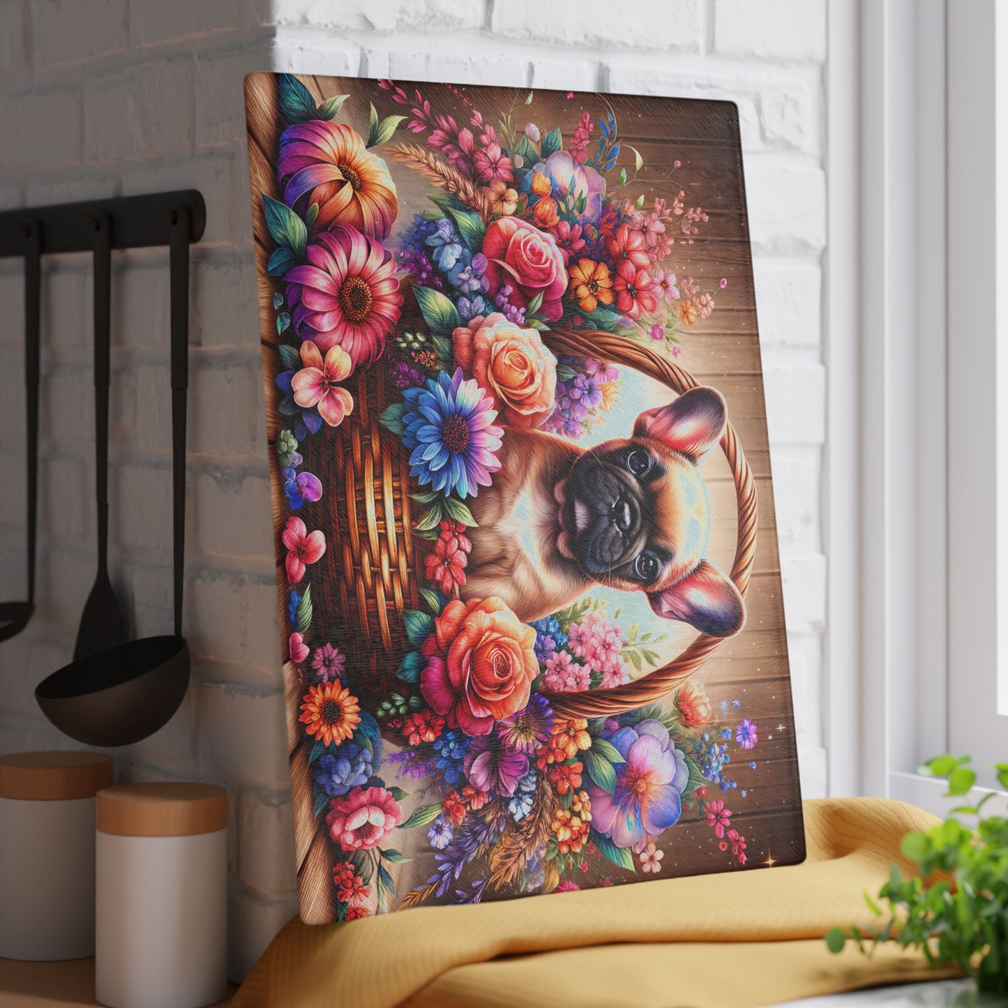 🐾 Fawn French Bulldog in Bloom Basket Cutting Board – Rustic Elegance Meets Frenchie Charm 🌼