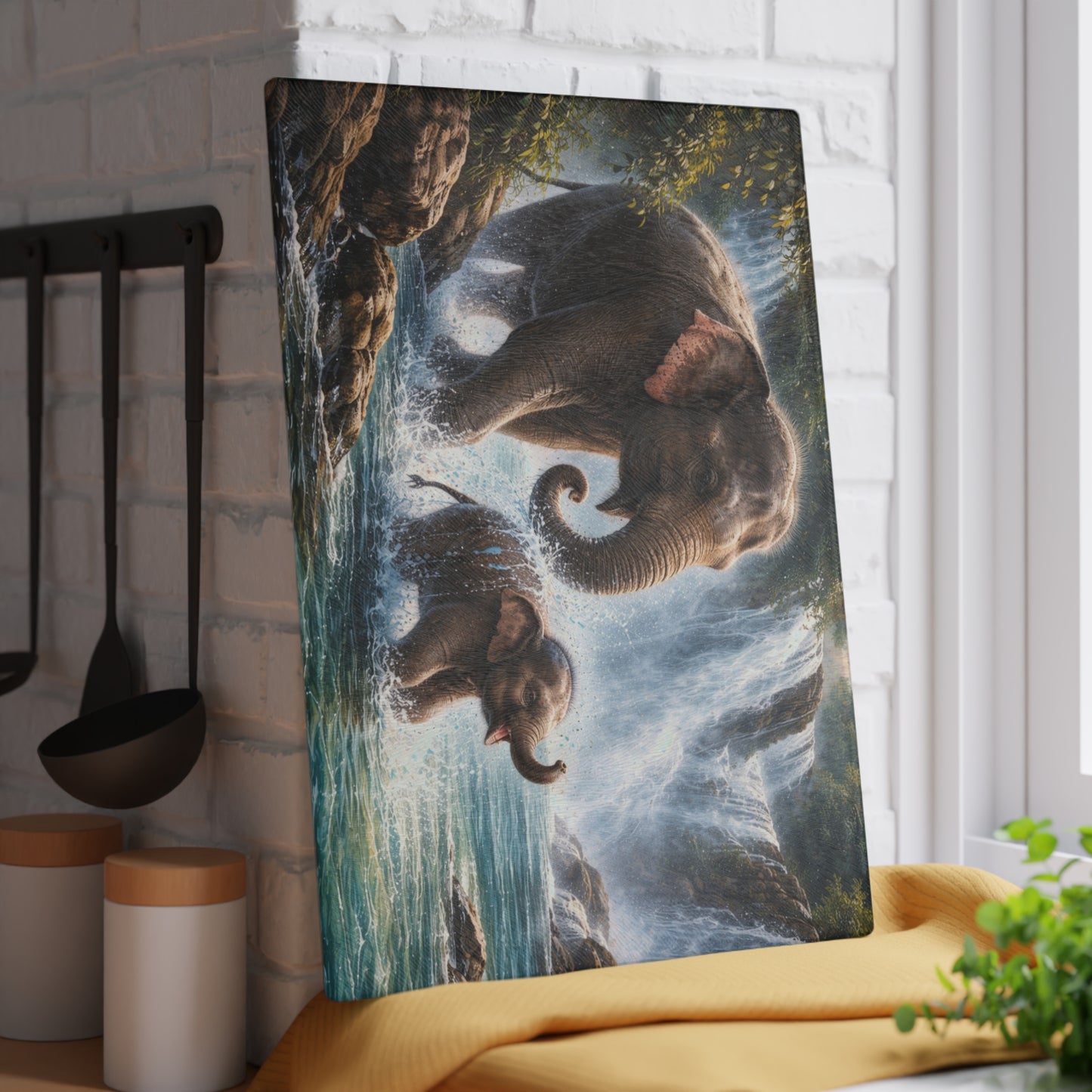 Elephant Waterfall Adventure Glass Cutting Board – Playful Wildlife Nature Kitchen Art