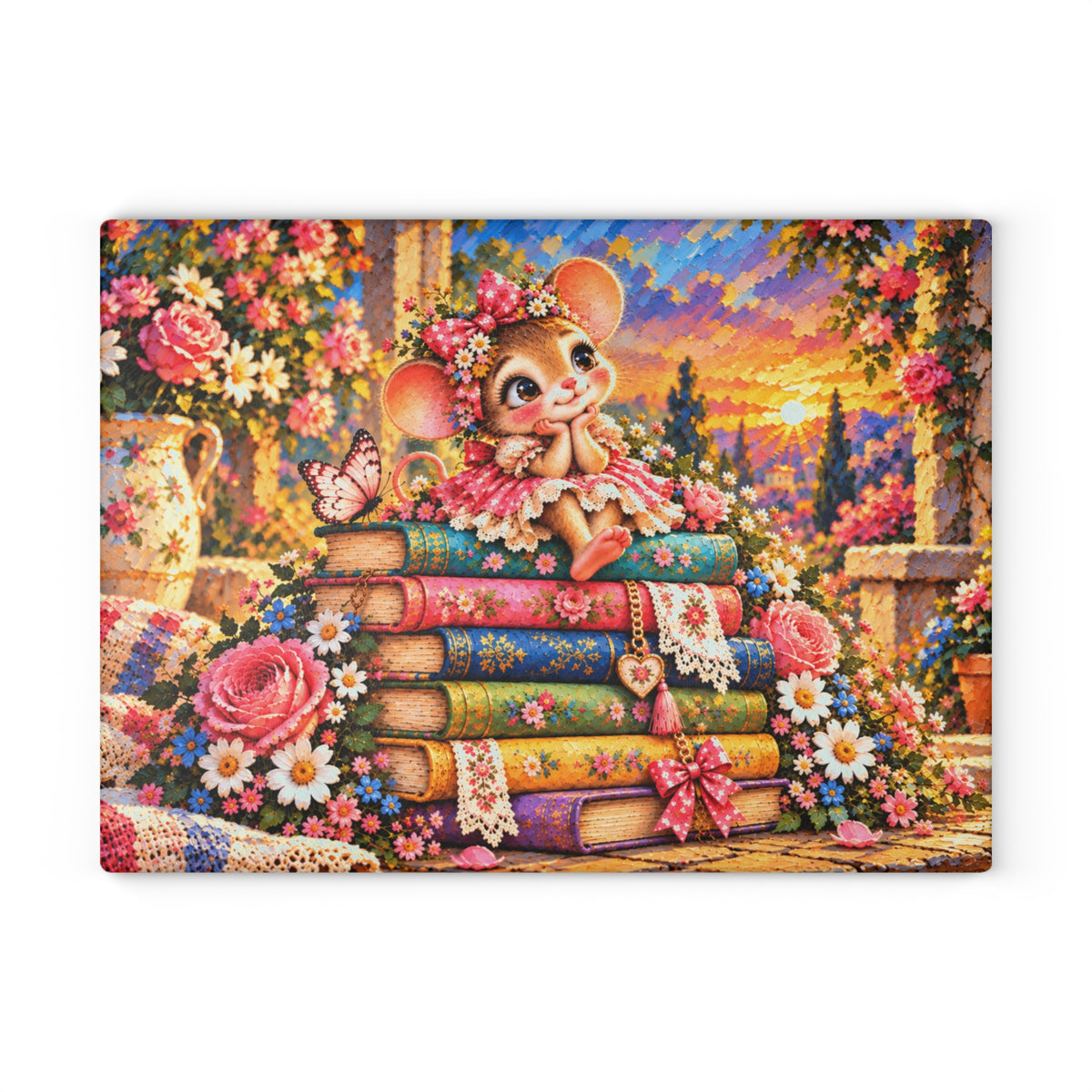 Adorable Mouse on Colorful Books Tempered Glass Cutting Board – Whimsical Floral Storybook Art – 11 × 15 Inches