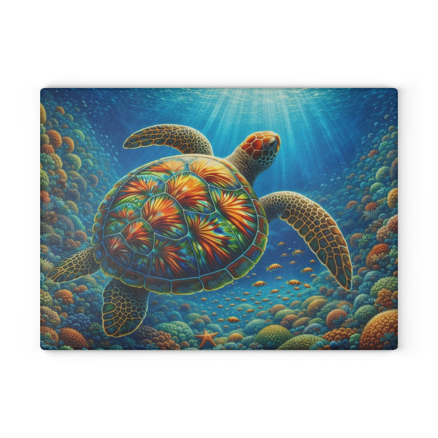 Radiant Sea Turtle Glass Cutting Board – Vibrant Ocean Life Artwork