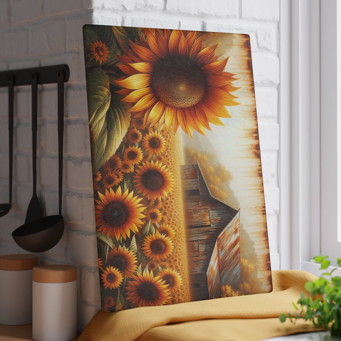 🌻🏡 Rustic Sunflower Barn Cutting Board – Timeless Farmhouse Elegance for Your Kitchen 🌾