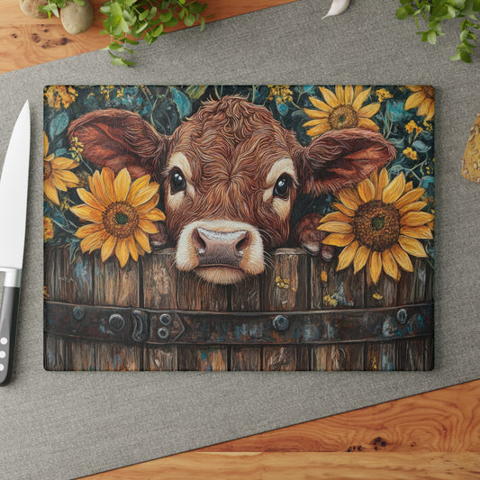 🐮🌻 Rustic Sunflower Calf Cutting Board – Farmhouse Charm for Your Kitchen 🌾