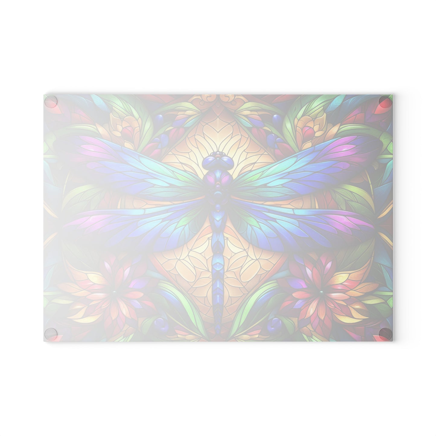 Stained Glass Dragonfly Glass Cutting Board – Colorful Botanical Art Kitchen Display