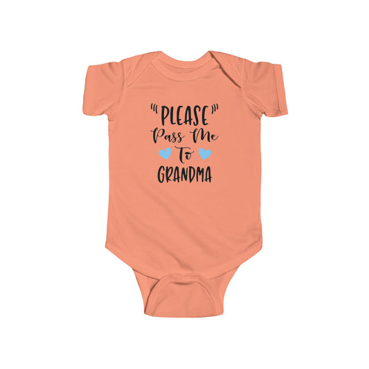 "PLEASE Pass Me to GRANDMA" Baby Onesie – Unisex Bodysuit for Infant Boys or Girls – Available with Blue or Pink Hearts