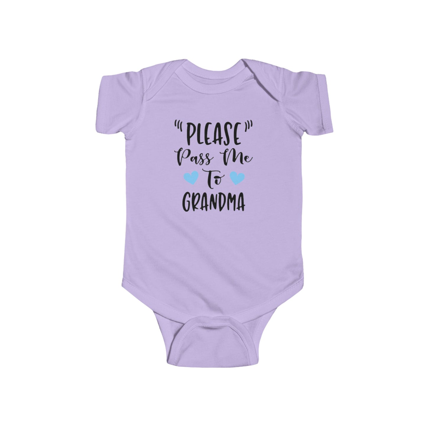"PLEASE Pass Me to GRANDMA" Baby Onesie – Unisex Bodysuit for Infant Boys or Girls – Available with Blue or Pink Hearts