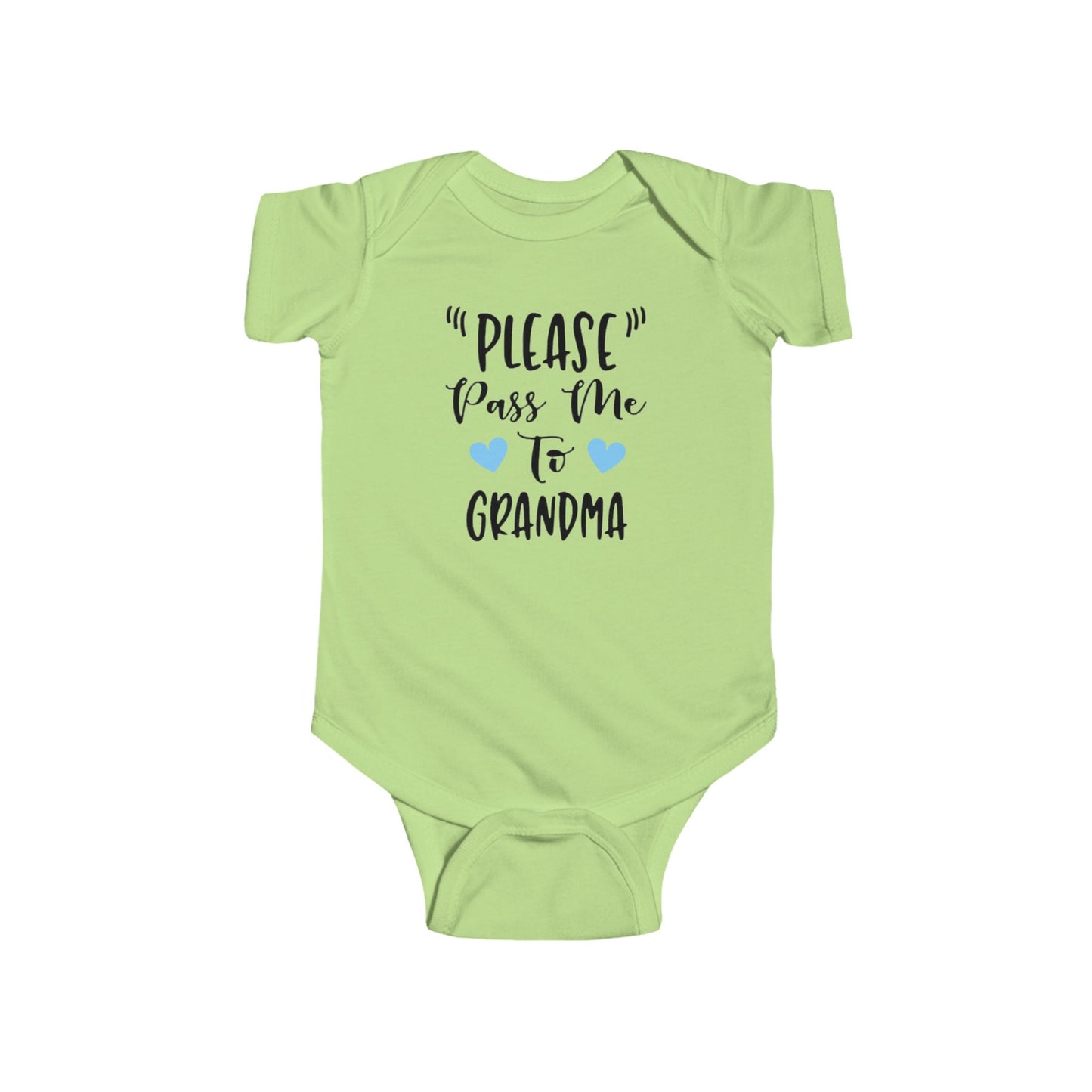 "PLEASE Pass Me to GRANDMA" Baby Onesie – Unisex Bodysuit for Infant Boys or Girls – Available with Blue or Pink Hearts