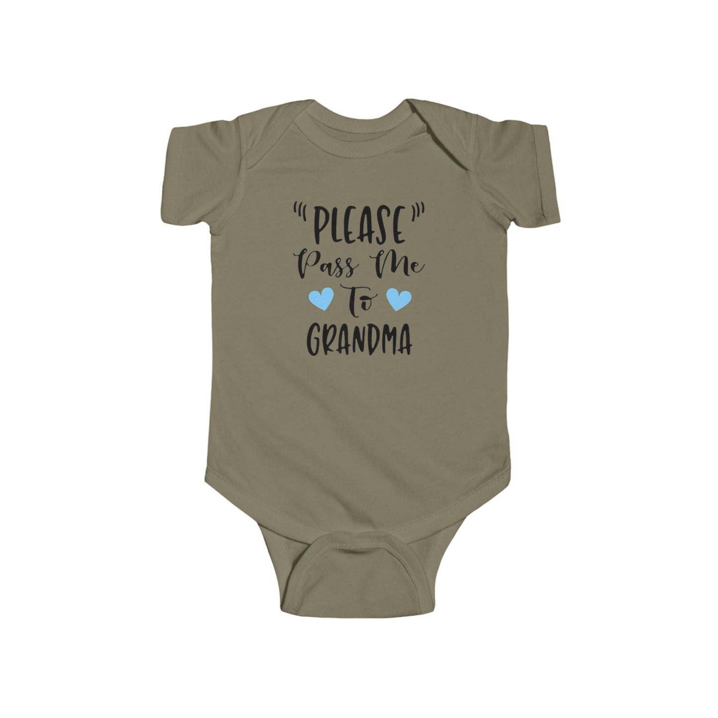 "PLEASE Pass Me to GRANDMA" Baby Onesie – Unisex Bodysuit for Infant Boys or Girls – Available with Blue or Pink Hearts