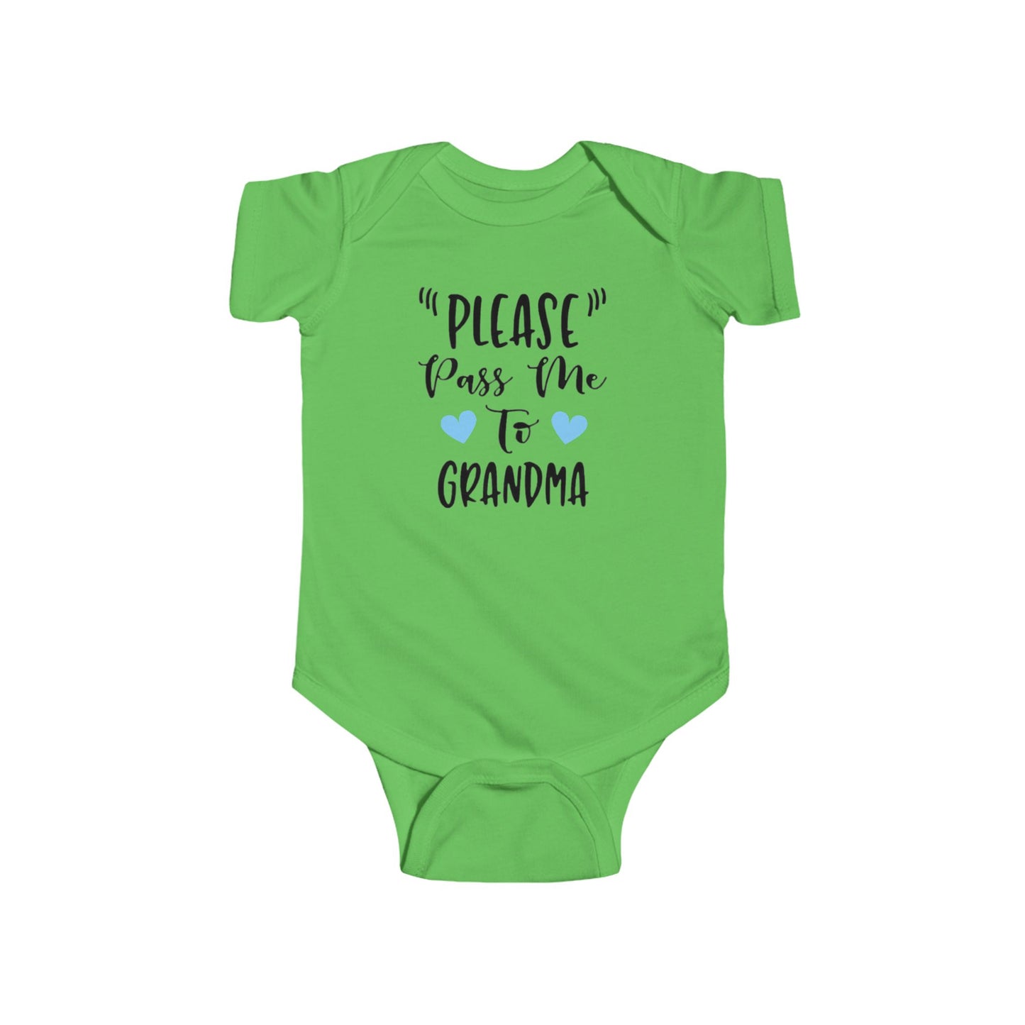 "PLEASE Pass Me to GRANDMA" Baby Onesie – Unisex Bodysuit for Infant Boys or Girls – Available with Blue or Pink Hearts