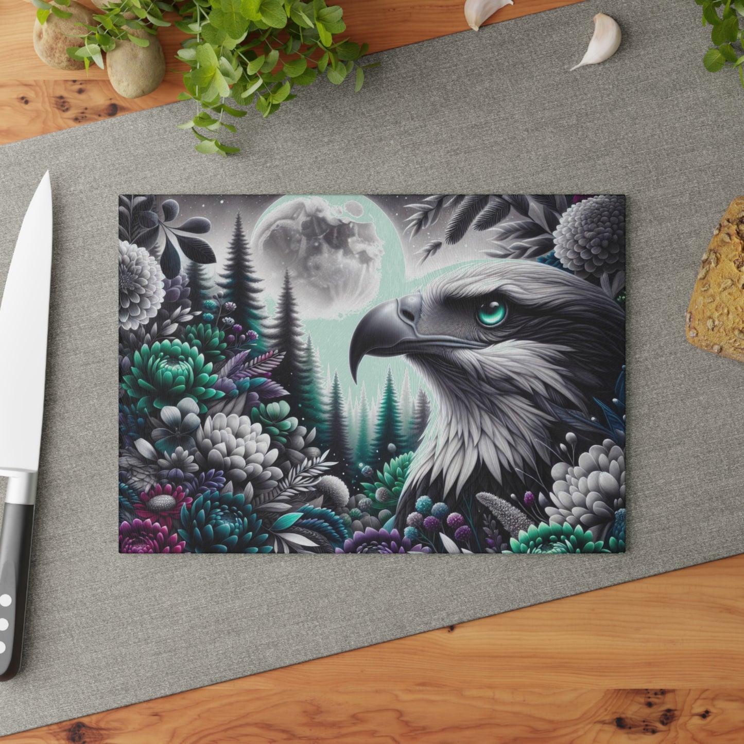 🦅🌕 “Midnight Moon Eagle” Glass Cutting Board – Bold, Modern Wild Beauty for Your Kitchen