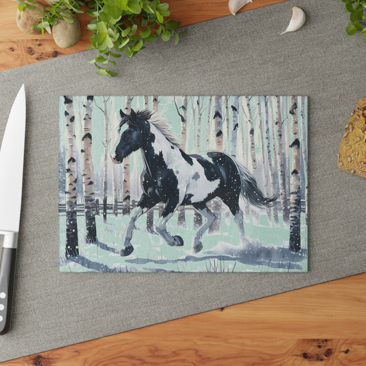 ❄️ Snowy Gallop Cutting Board – Majestic Horse in Birch Forest Winter Scene