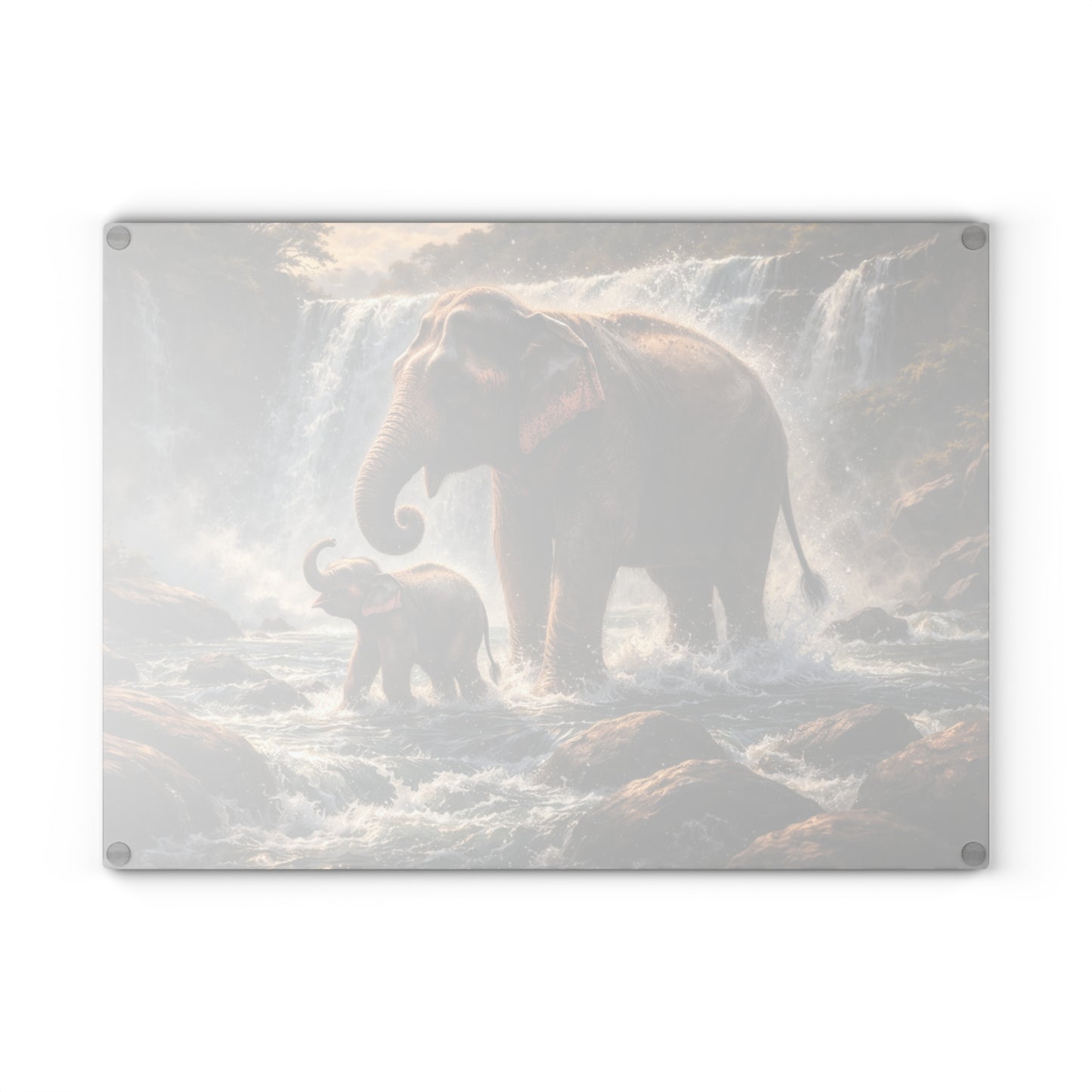 Elephant Waterfall Wildlife Glass Cutting Board – Majestic Nature Scene Kitchen Art