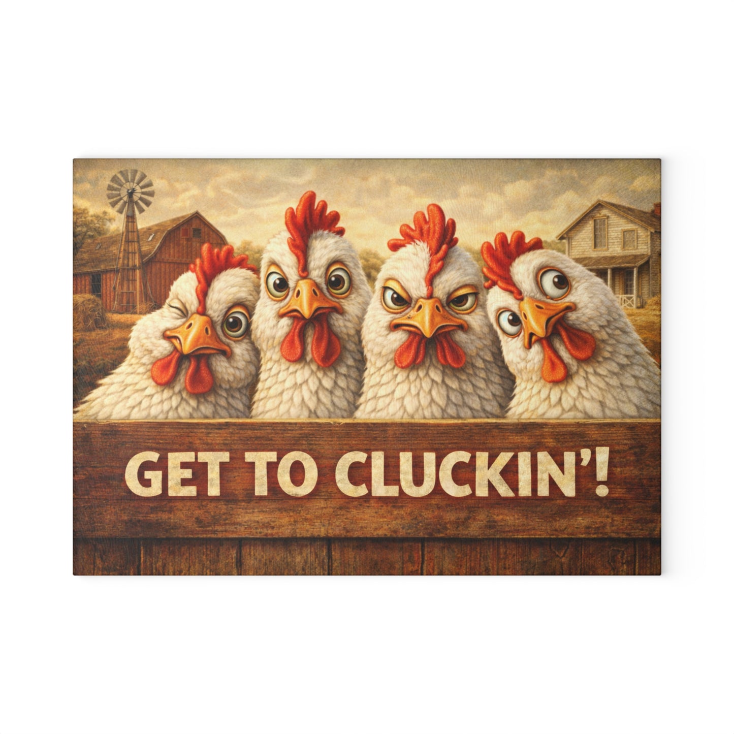 Get to Cluckin’! Funny Chicken Glass Cutting Board – Bold Farmhouse Kitchen Humor