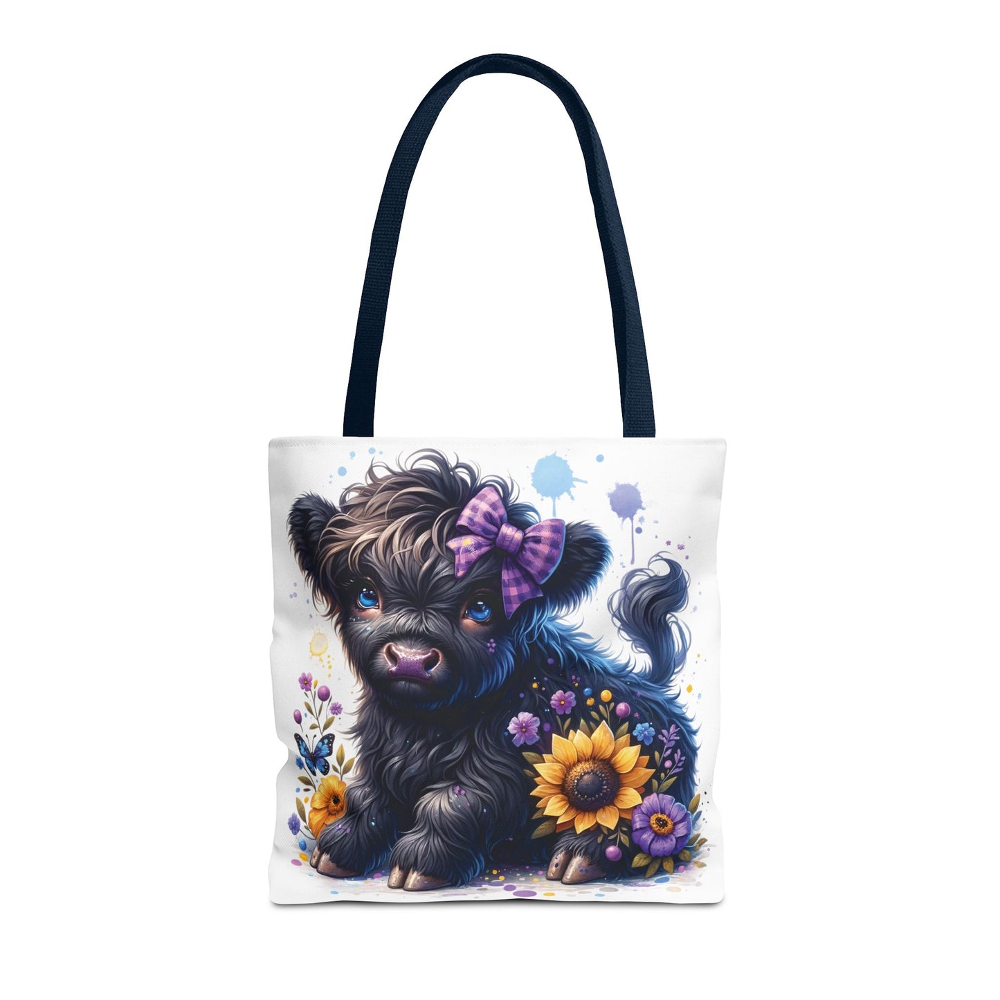💜 Purple Bow Black Highland Calf Tote Bag – Country Charm with a Pop of Color 🐮👜