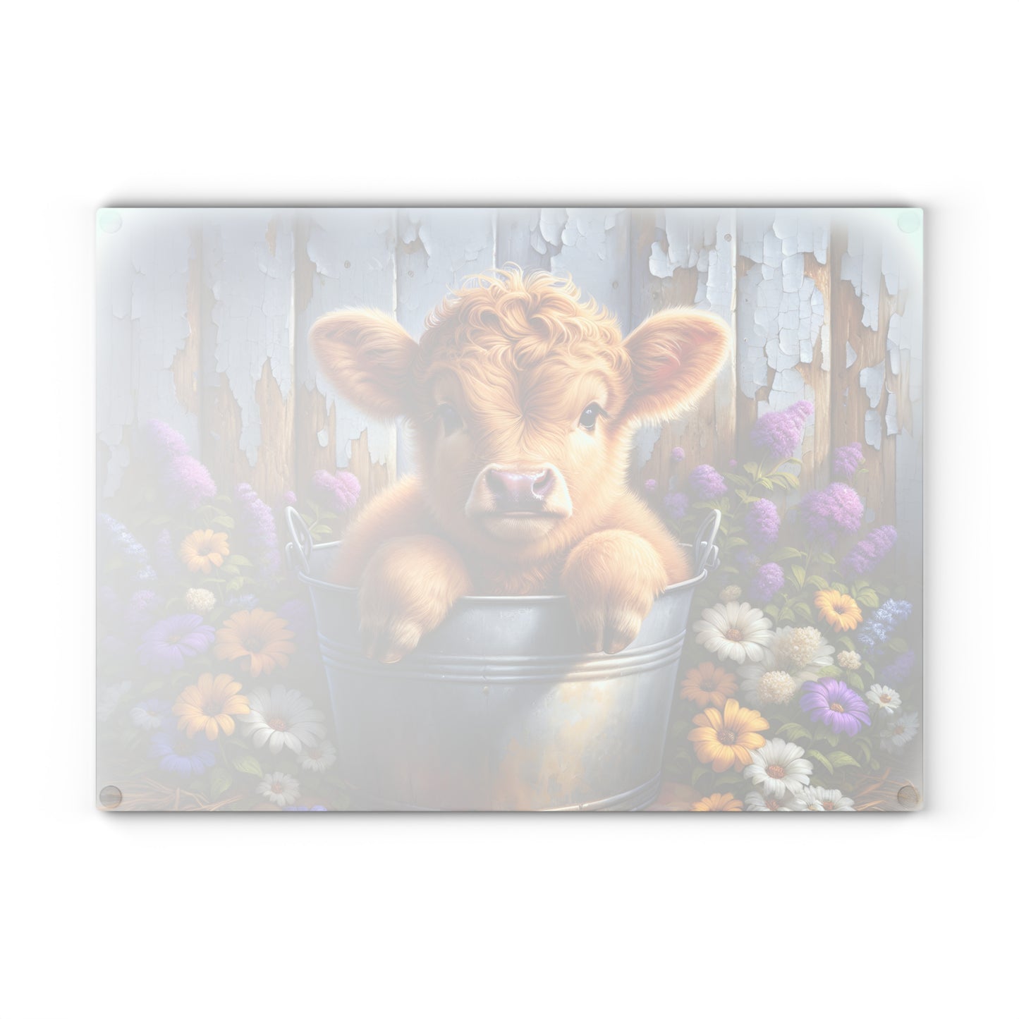 🐮🌸 Baby Highland Cow in Pail Glass Cutting Board – Country Charm with Flowers & Rustic Fence 🌼🪵
