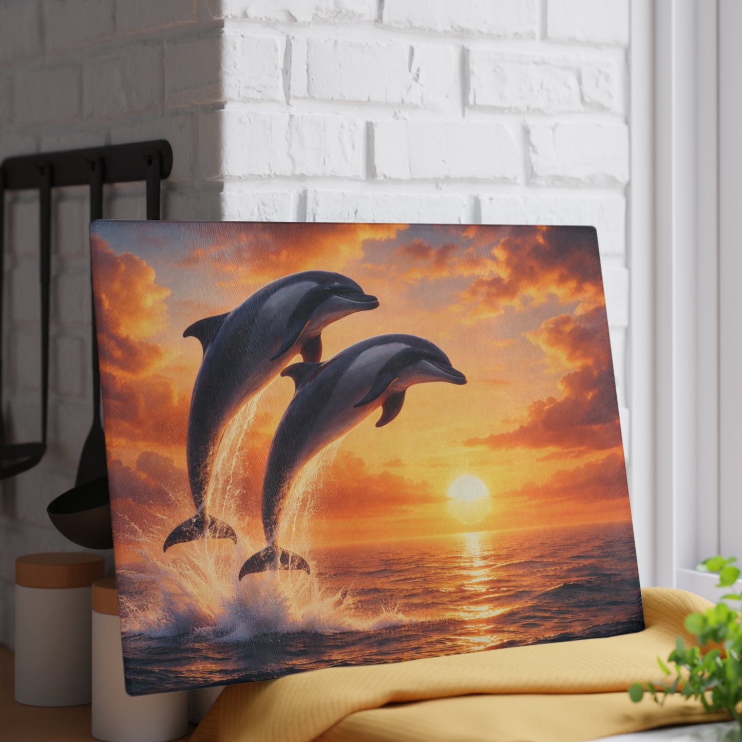 Dolphins at Sunset Glass Cutting Board – Peaceful Ocean Artwork with Golden Horizon