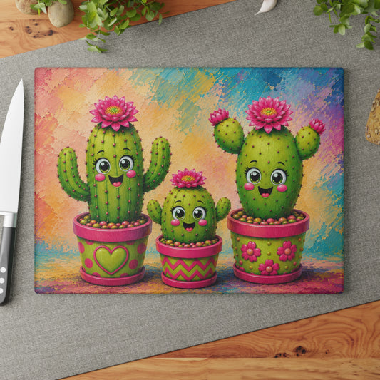 Smiling Cactus Family Glass Cutting Board – Cute Whimsical Desert Plant Artwork with Colorful Flower Pots