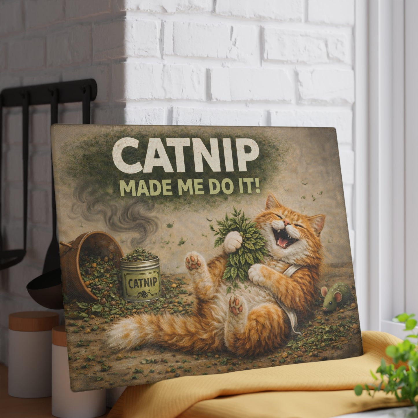 Catnip Made Me Do It Glass Cutting Board – Funny Cat Kitchen Art