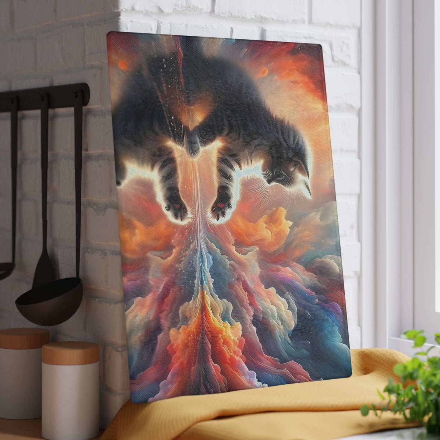 Tabla de cortar con diseño de gatito celestial: decoración de cocina con un toque de fantasía galáctica