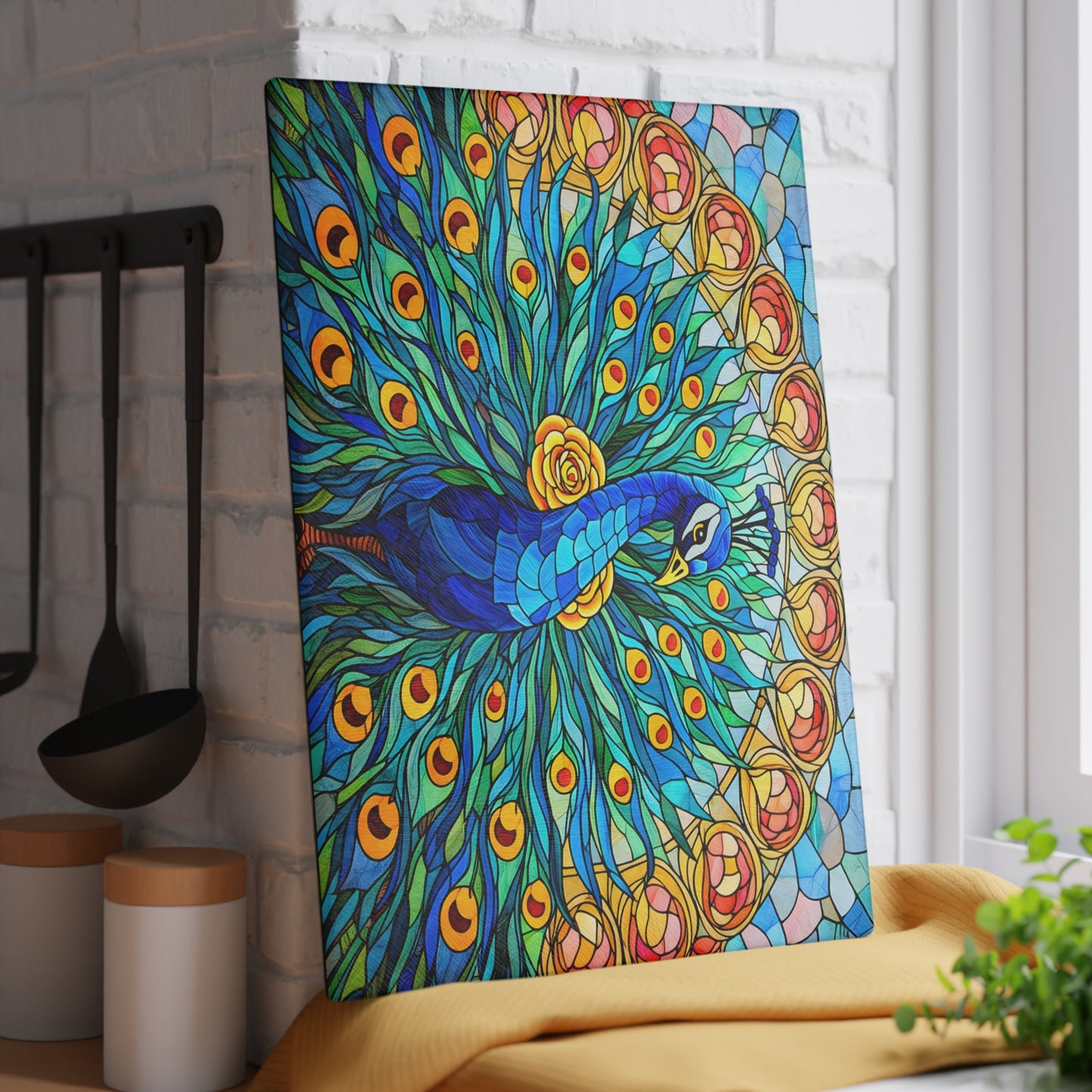 Stained Glass Style Peacock Glass Cutting Board – Vibrant Jewel-Tone Art Kitchen Decor